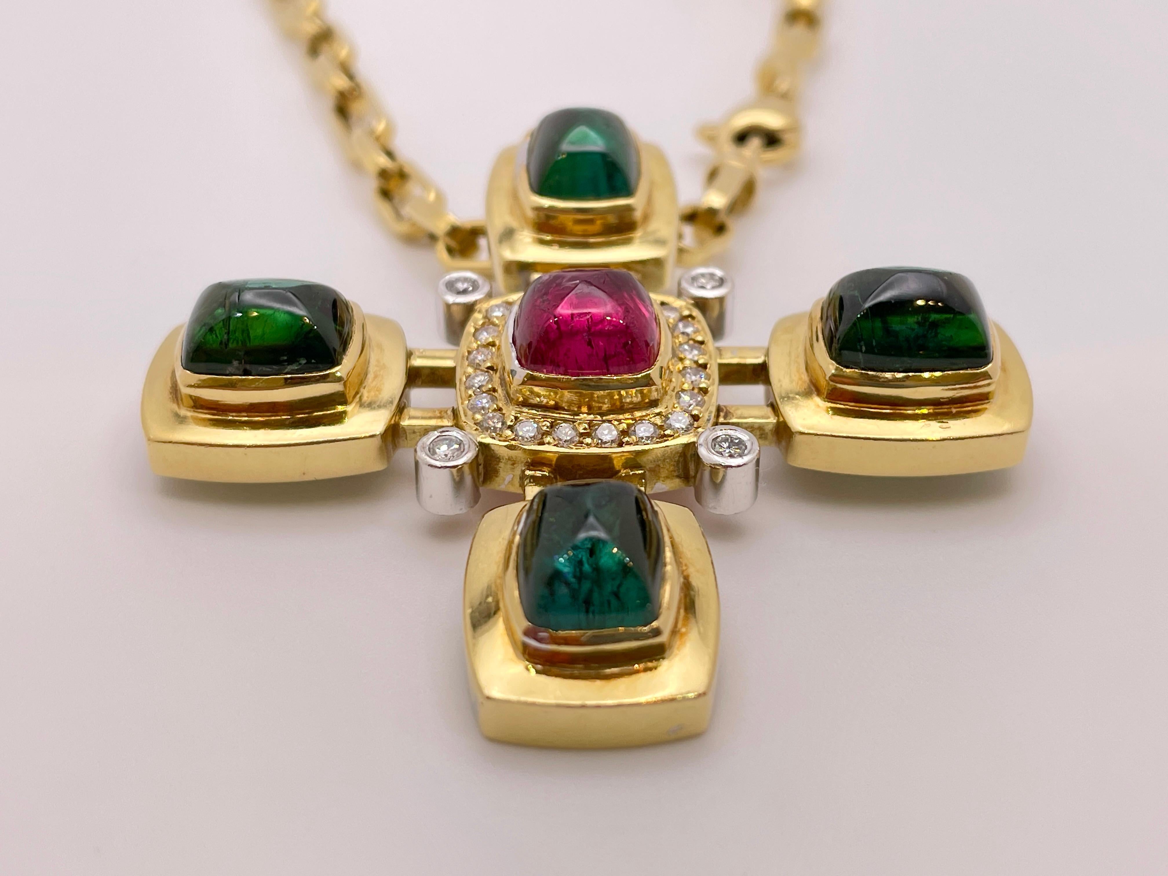 Diamond Turmaline 18K Yellow Gold Cross Necklace For Sale 6