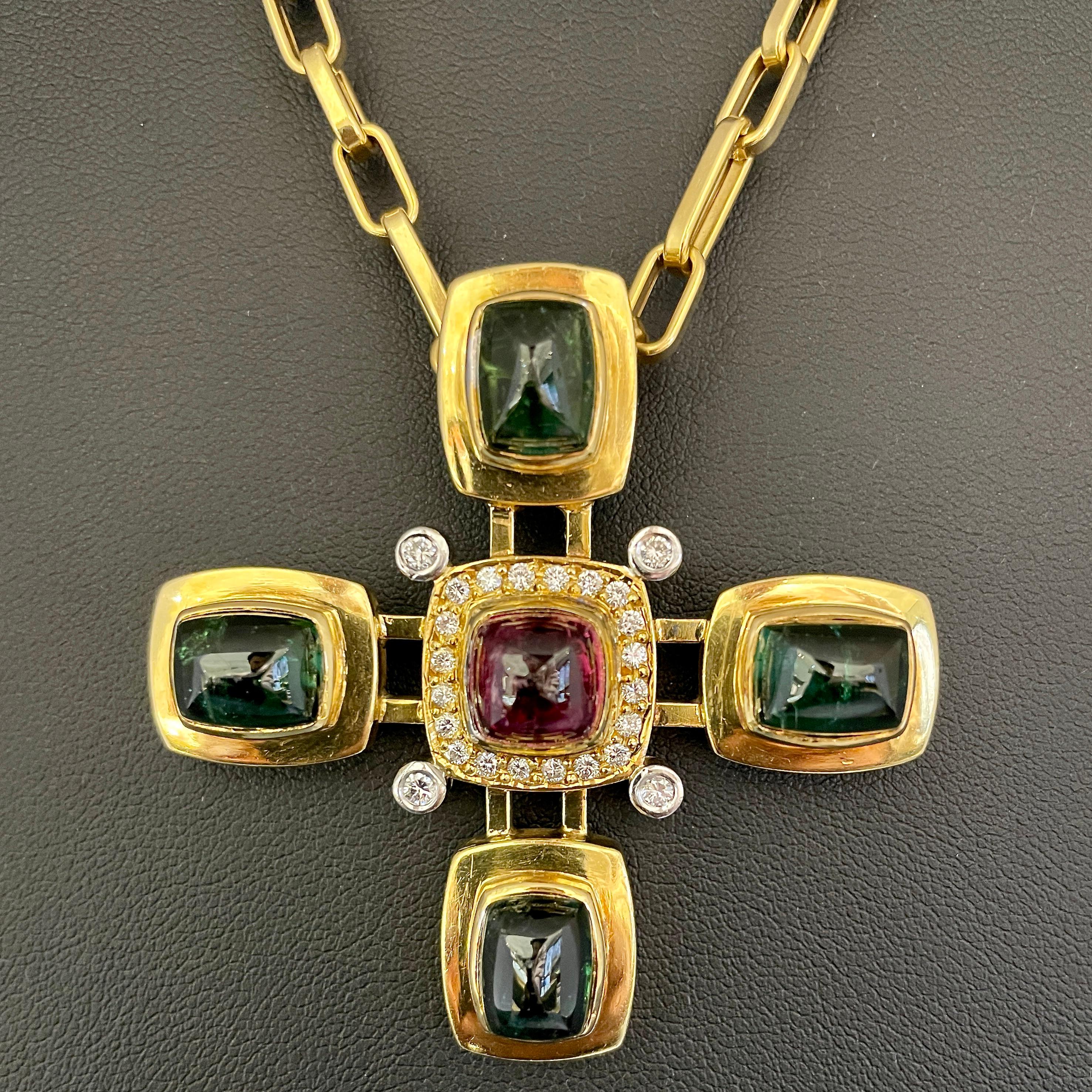 Diamond Turmaline 18K Yellow Gold Cross Necklace For Sale 7