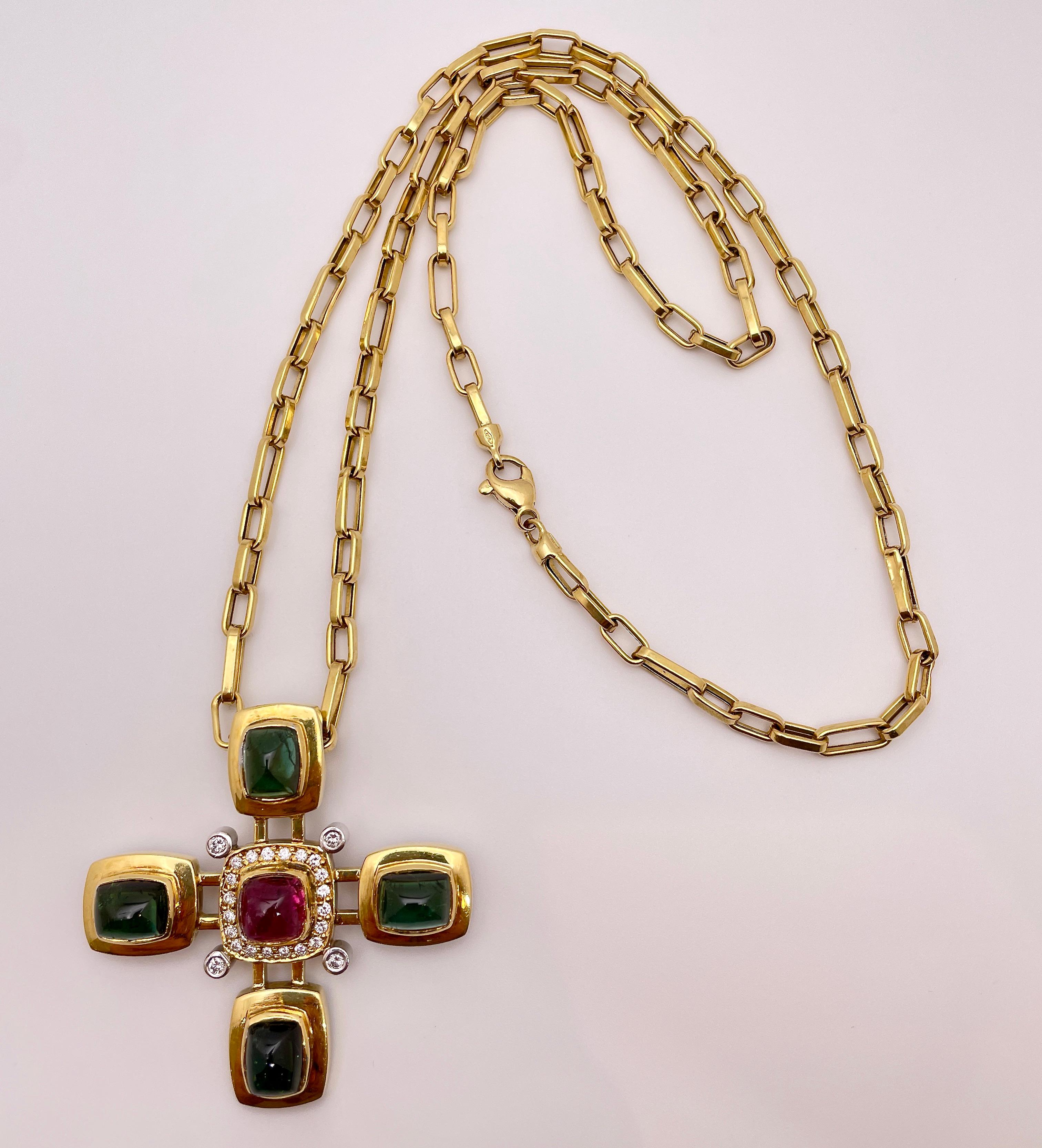 Cabochon Diamond Turmaline 18K Yellow Gold Cross Necklace For Sale