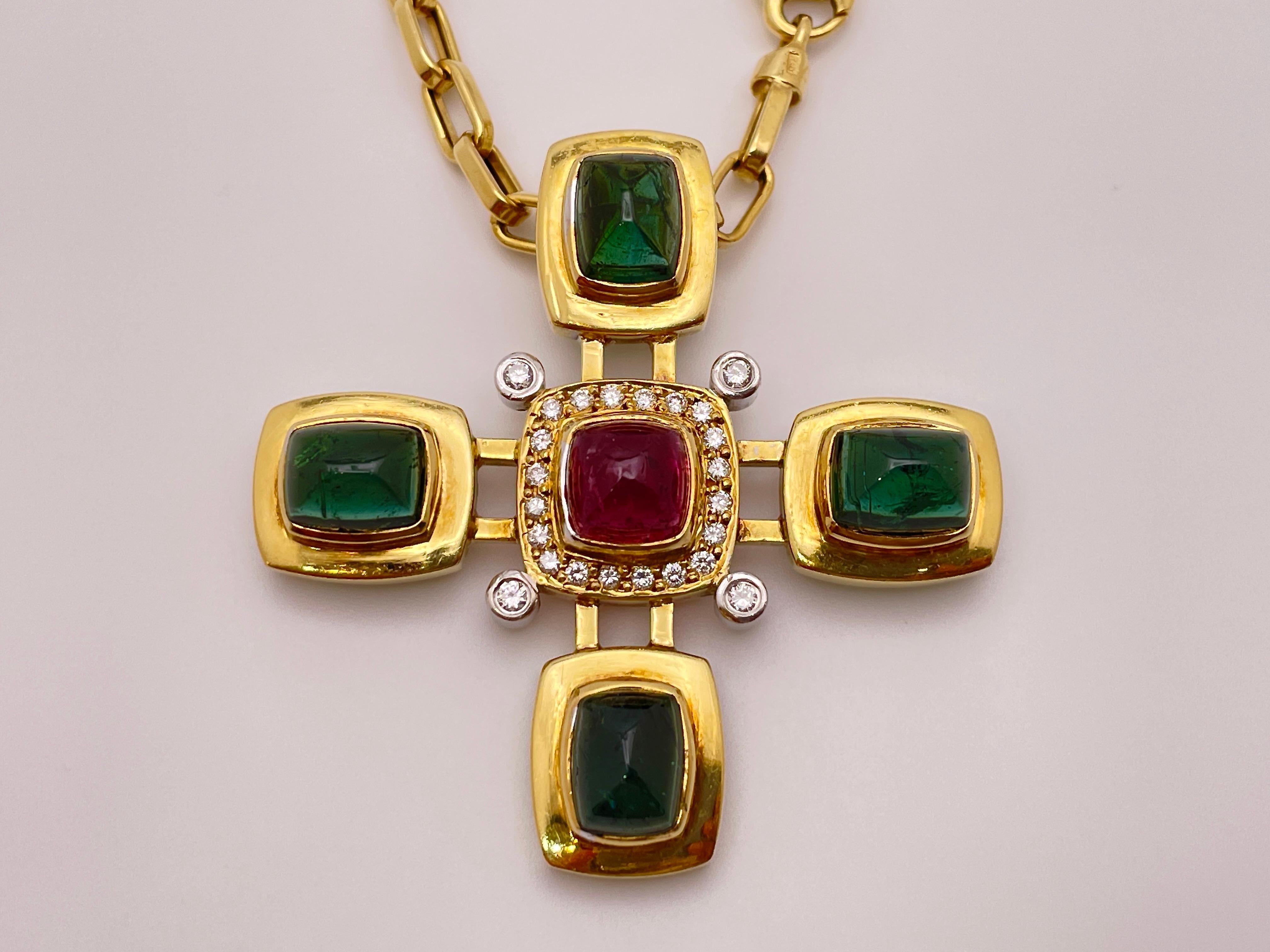 Women's or Men's Diamond Turmaline 18K Yellow Gold Cross Necklace For Sale