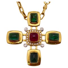 Halskette mit Kreuz mit Diamanten und Turmalin aus 18 Karat Gelbgold