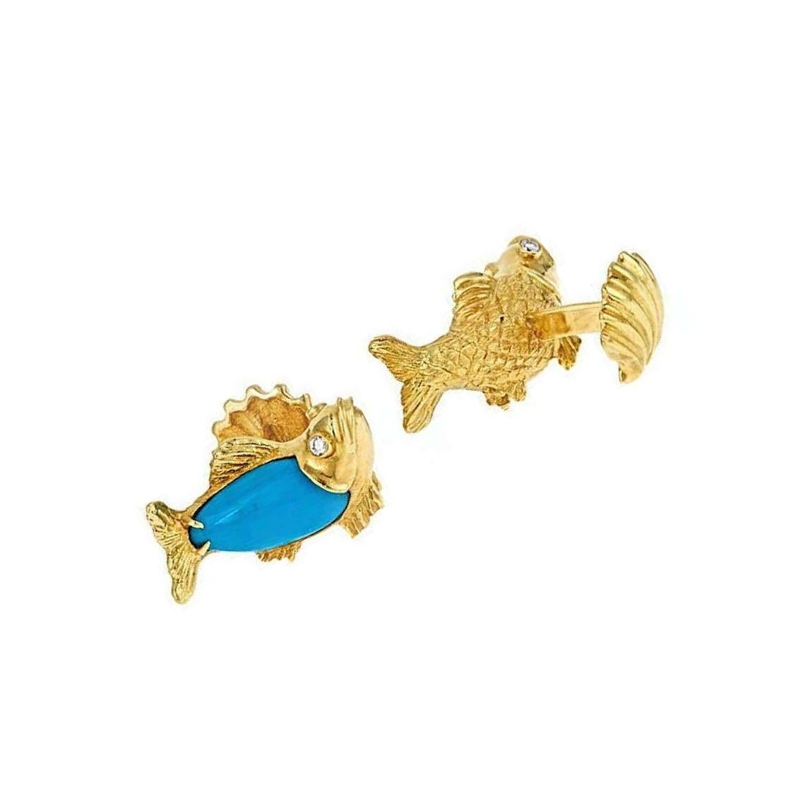 Contemporary Diamond Turquoise 18 Karat Yellow Gold FISH Cufflinks by John Landrum Bryant For Sale