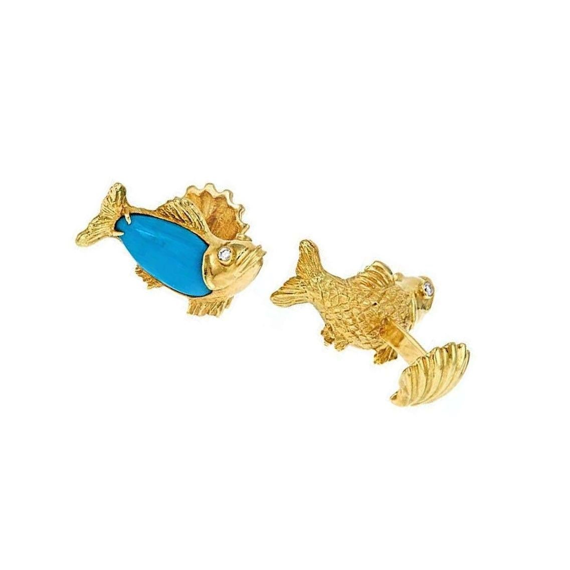 Diamond Turquoise 18 Karat Yellow Gold FISH Cufflinks by John Landrum Bryant In New Condition For Sale In New York, NY