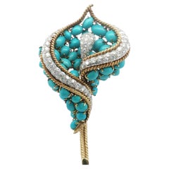 Diamond Turquoise 18 Karat Yellow Gold Platinum Floral Motif Pin Brooch Vintage