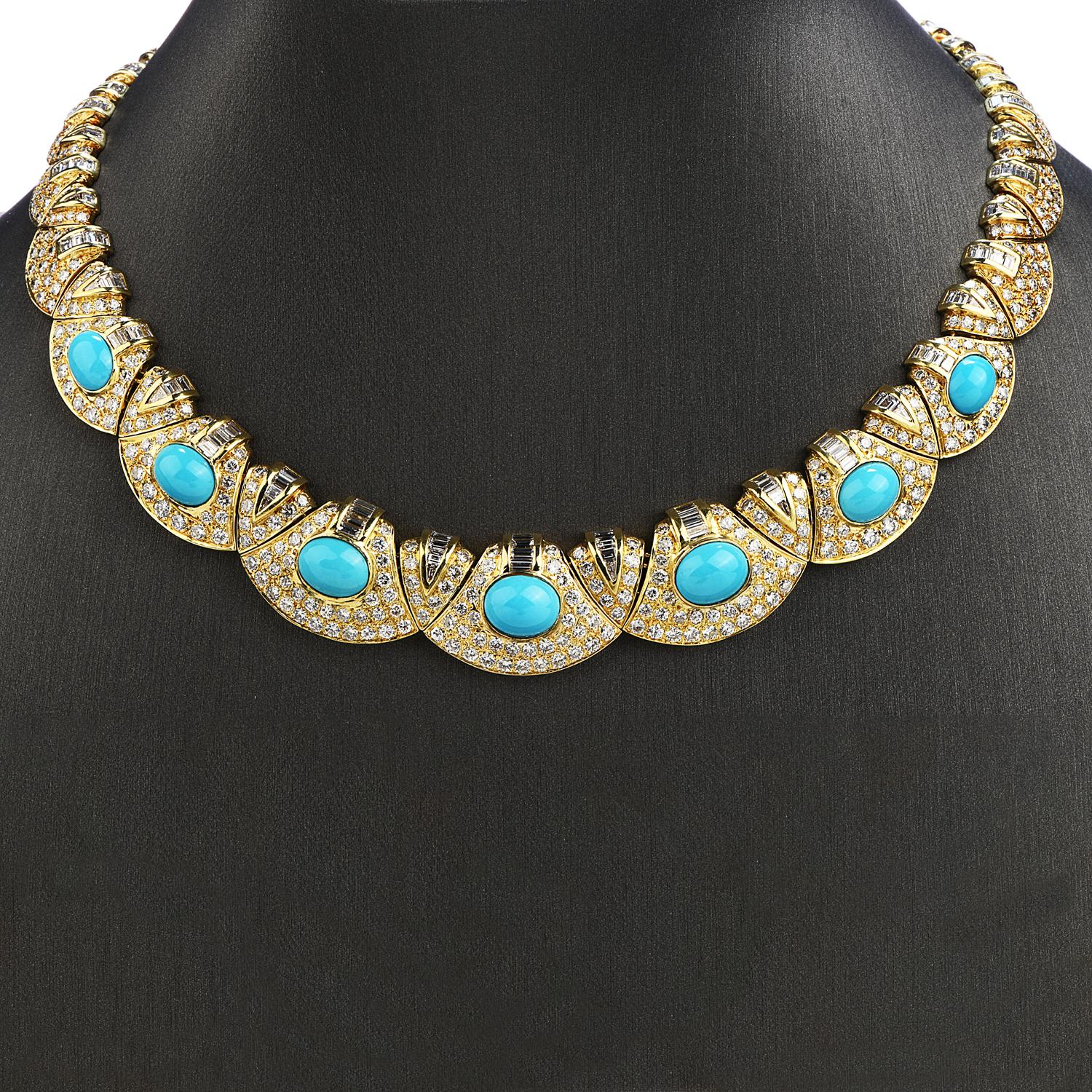 Graduated style elegant choker necklace with Diamonds enhanced by Turquoise center stones.

Crafted in solid 18K yellow gold,  center composed of 7 cabochon oval cut, bezel-set, natural Turquoise weighing approximately 17.00 carats

Adorned by some 