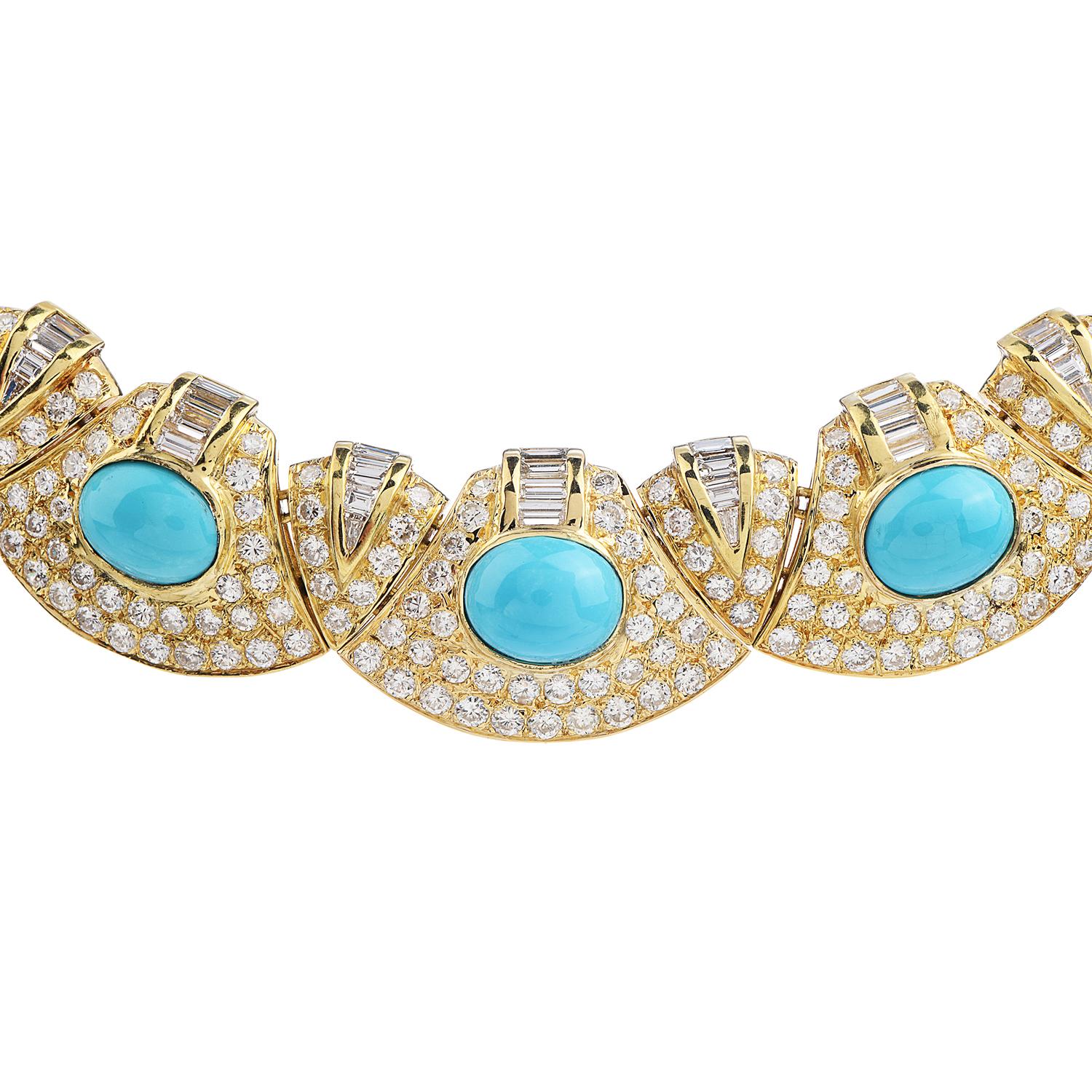 Retro Diamond Turquoise 18k Gold Graduated Link Choker Necklace