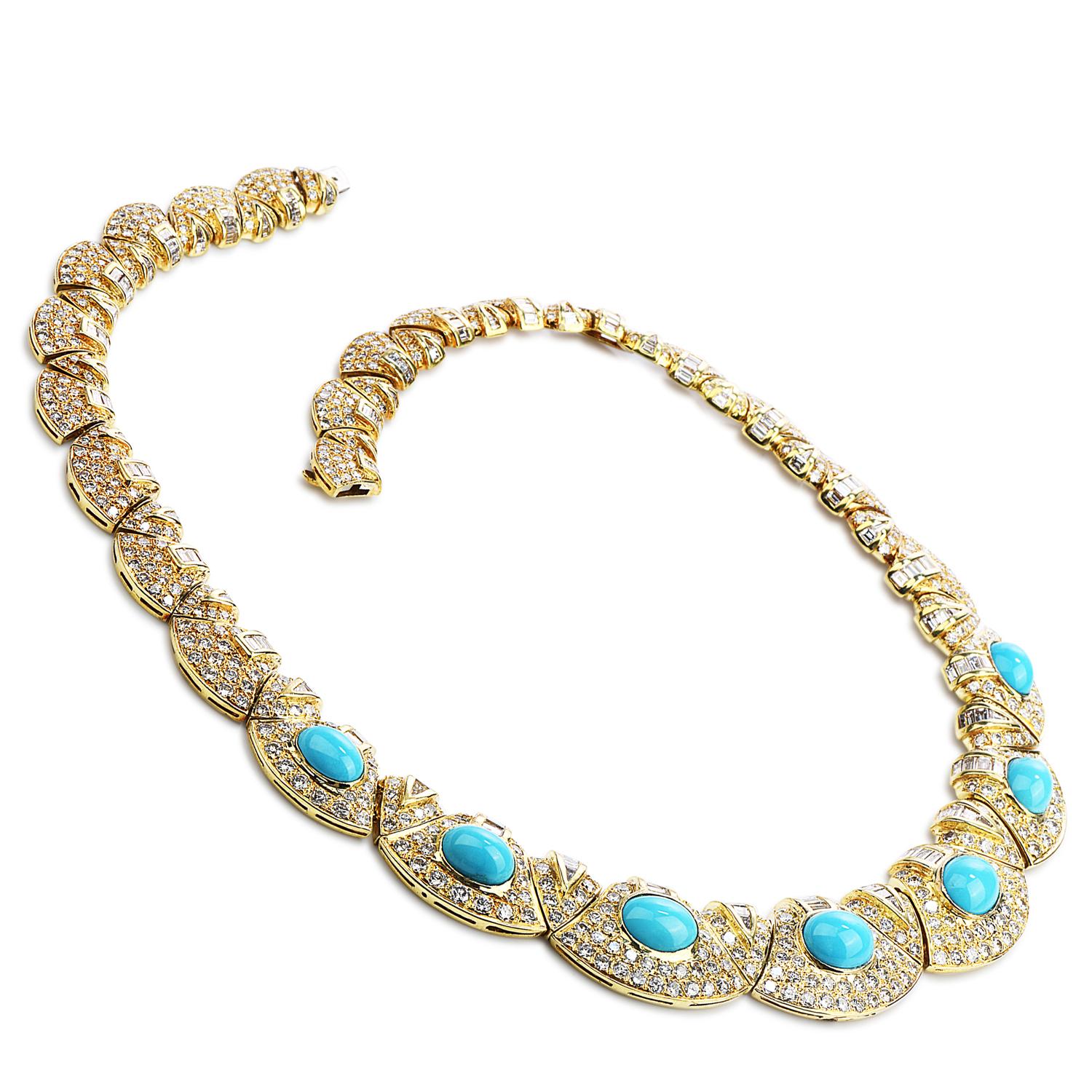 Cabochon Diamond Turquoise 18k Gold Graduated Link Choker Necklace