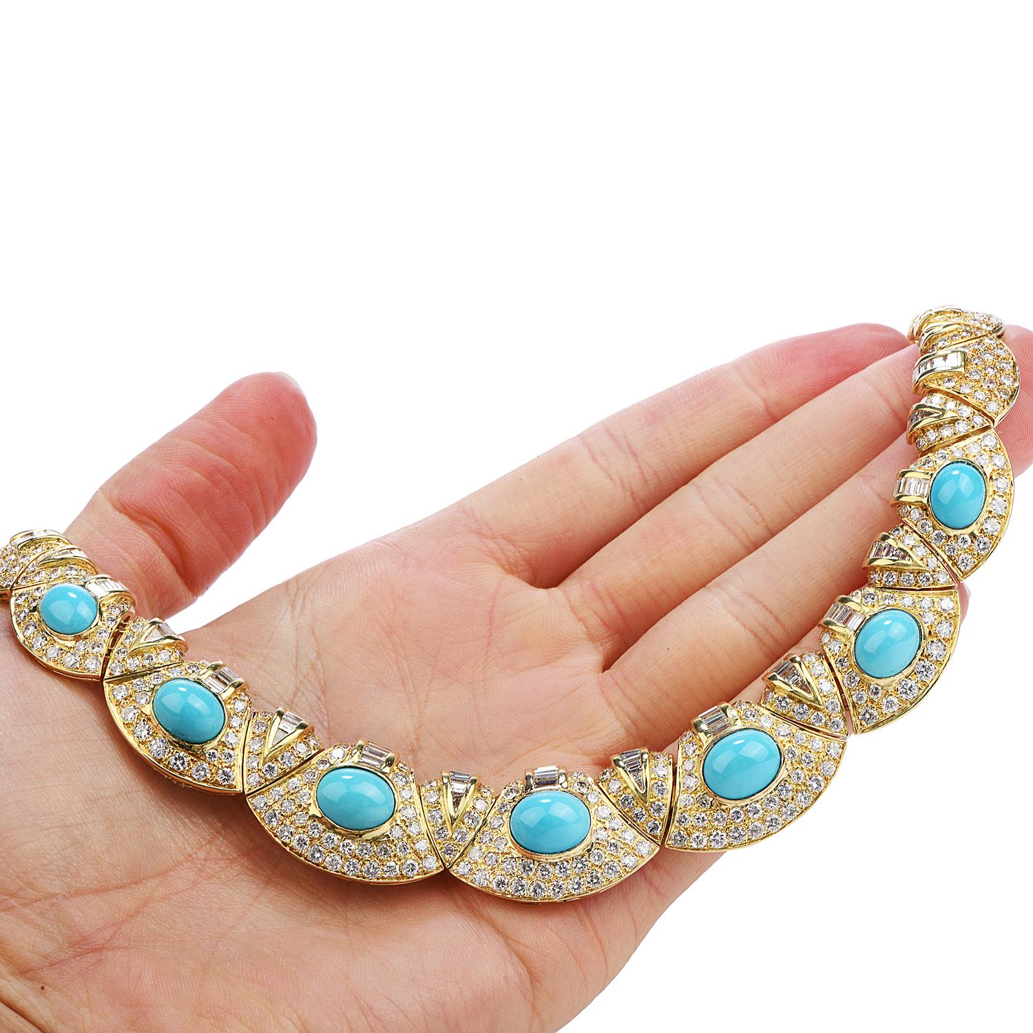 Women's Diamond Turquoise 18k Gold Graduated Link Choker Necklace