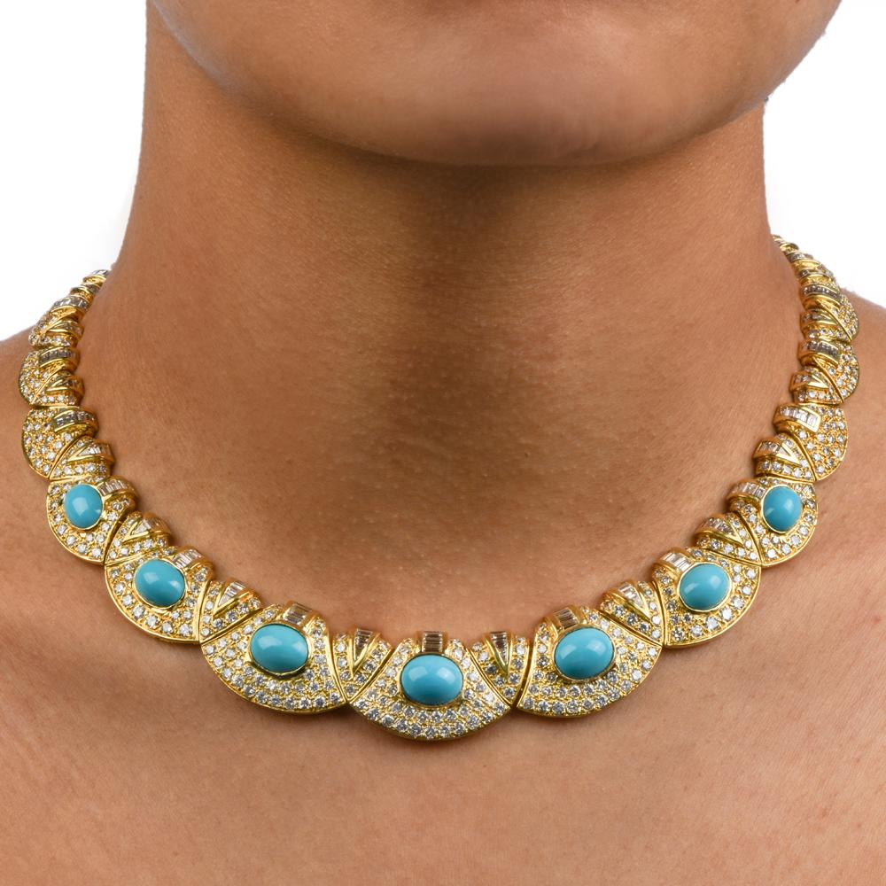 Diamond Turquoise 18k Gold Graduated Link Choker Necklace 1