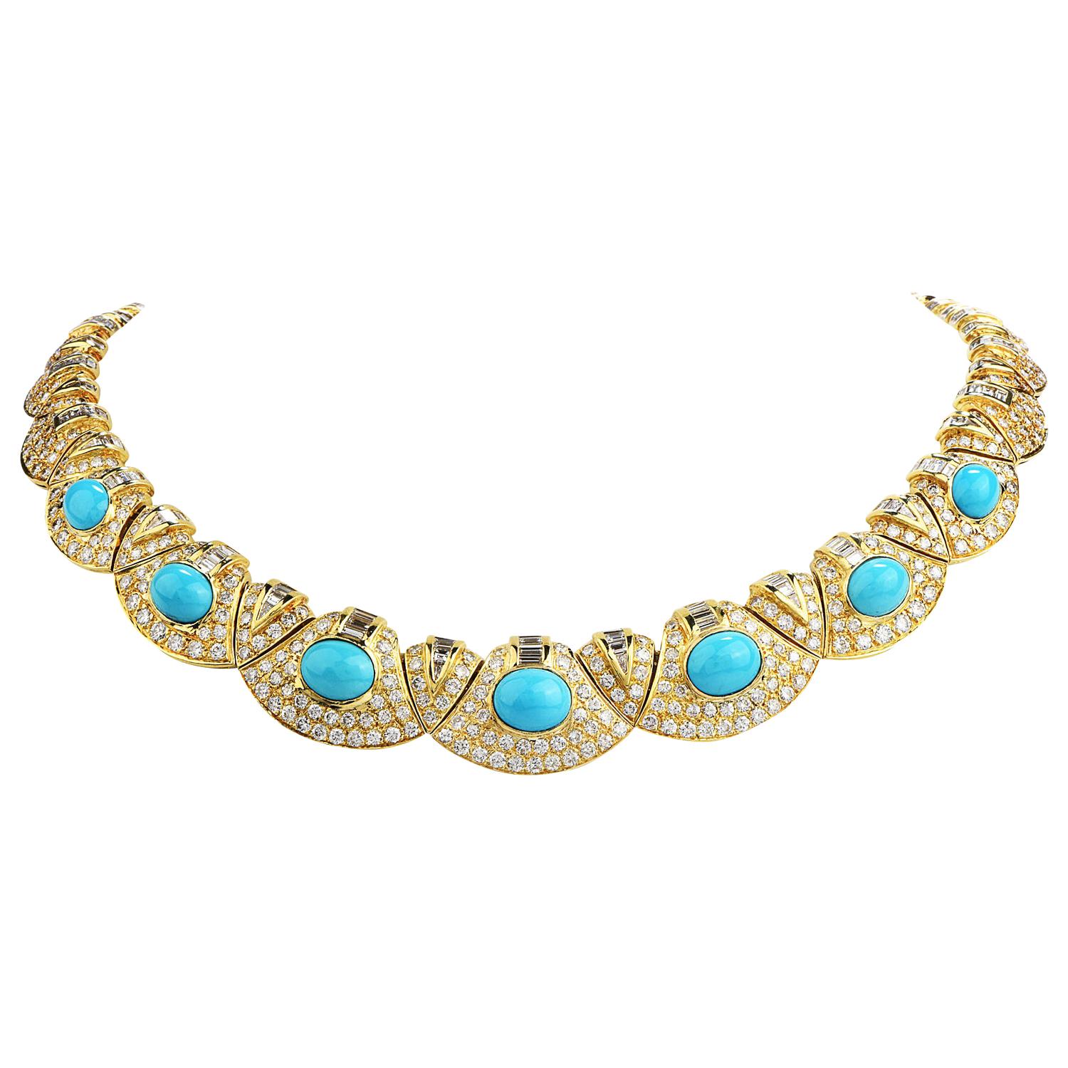 Diamond Turquoise 18k Gold Graduated Link Choker Necklace