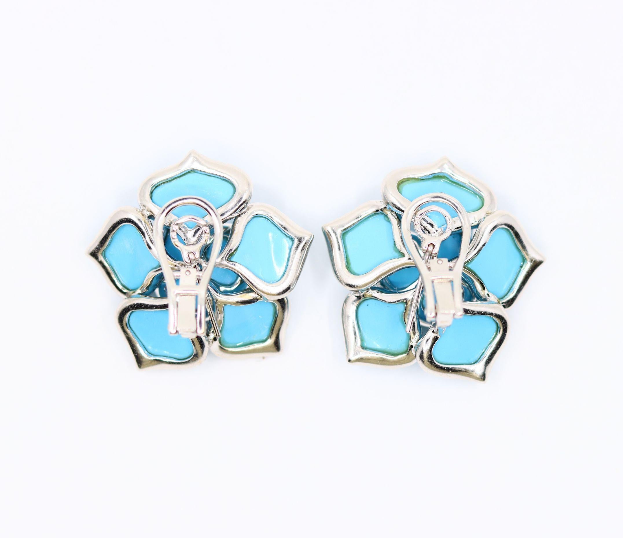 Diamond Turquoise 18K White Gold Flower Earrings For Sale 5