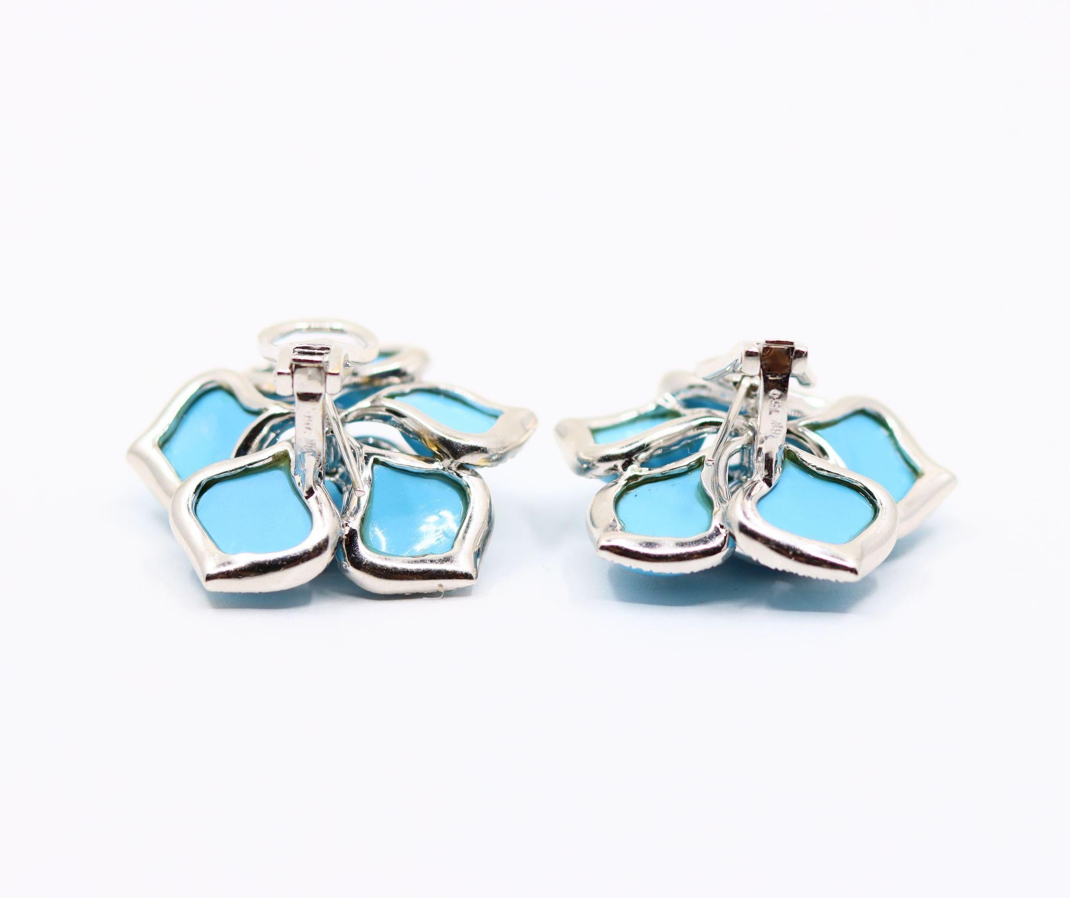 Diamond Turquoise 18K White Gold Flower Earrings For Sale 6