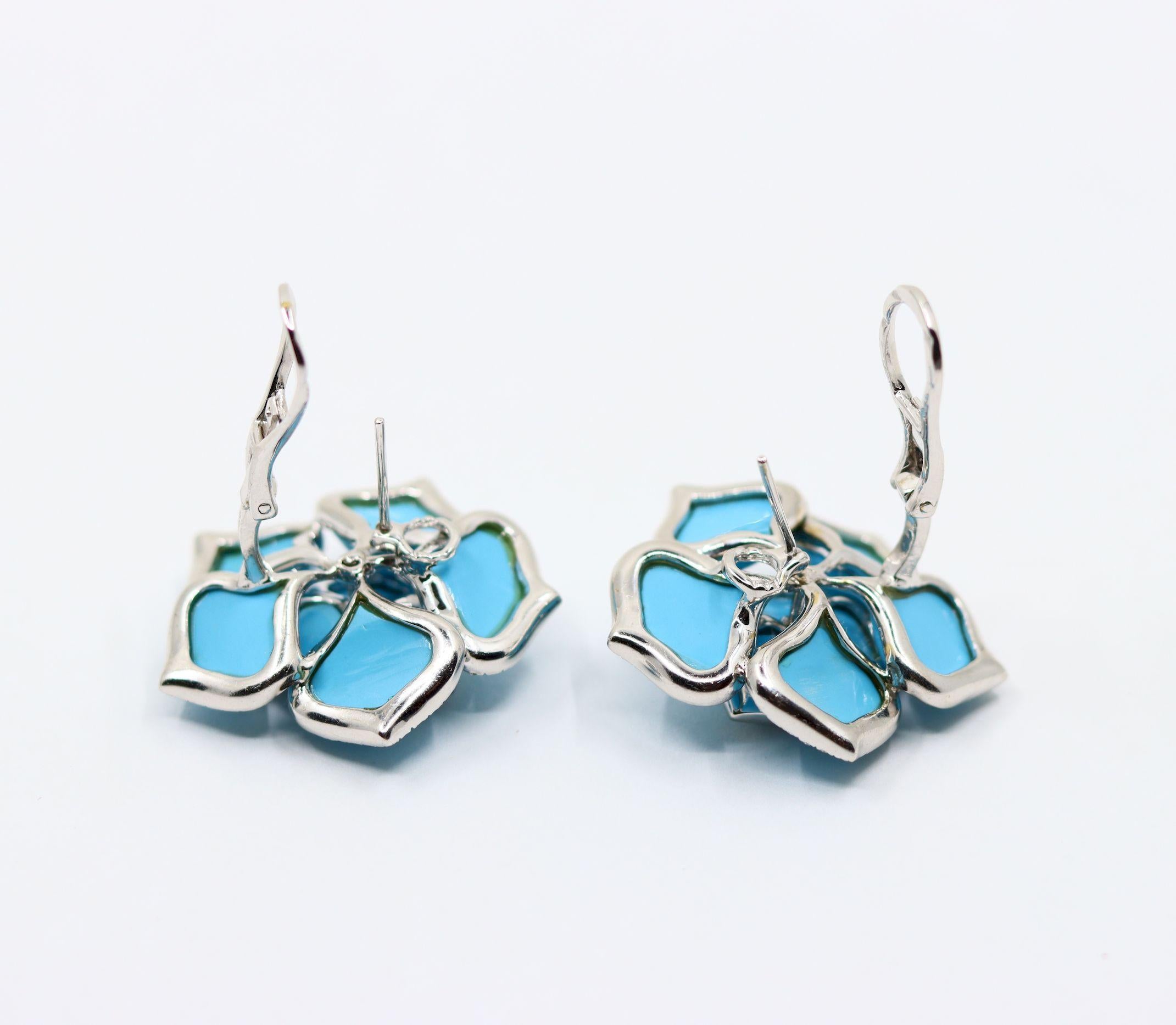 Diamond Turquoise 18K White Gold Flower Earrings For Sale 7