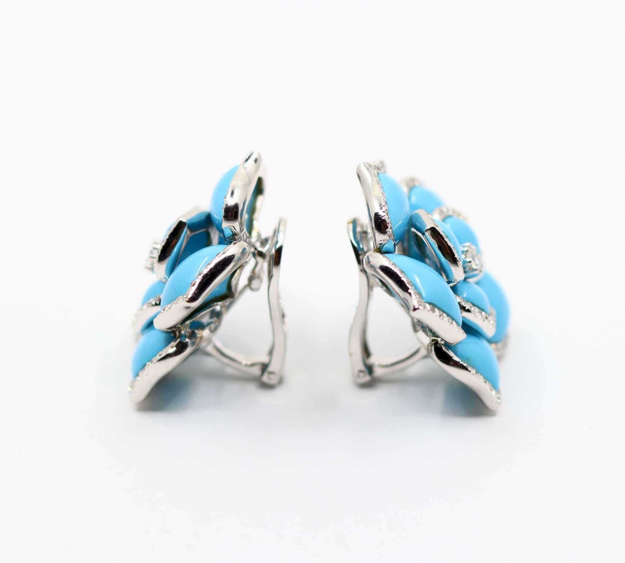 Diamond Turquoise 18K White Gold Flower Earrings In Excellent Condition For Sale In Flushing, NY