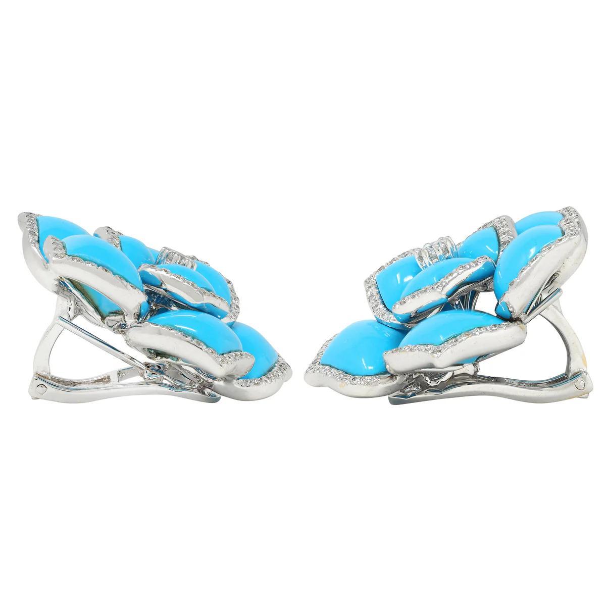 Diamond Turquoise 18K White Gold Flower Earrings For Sale 2