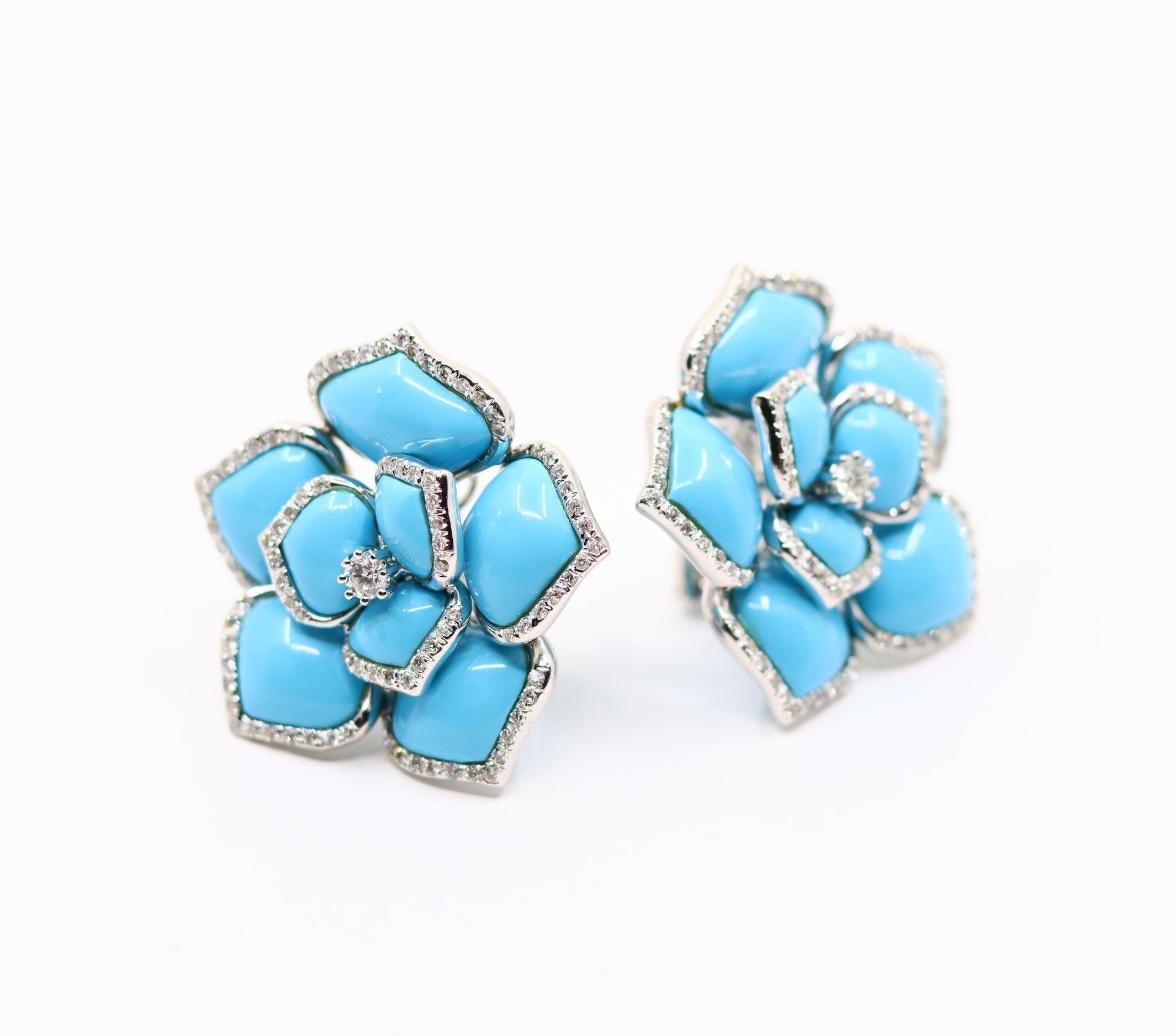 Diamond Turquoise 18K White Gold Flower Earrings For Sale 4