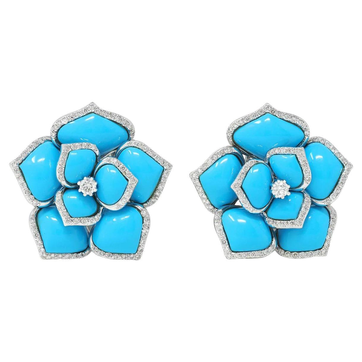 Diamond Turquoise 18K White Gold Flower Earrings For Sale