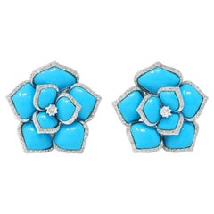 Diamond Turquoise 18K White Gold Flower Earrings