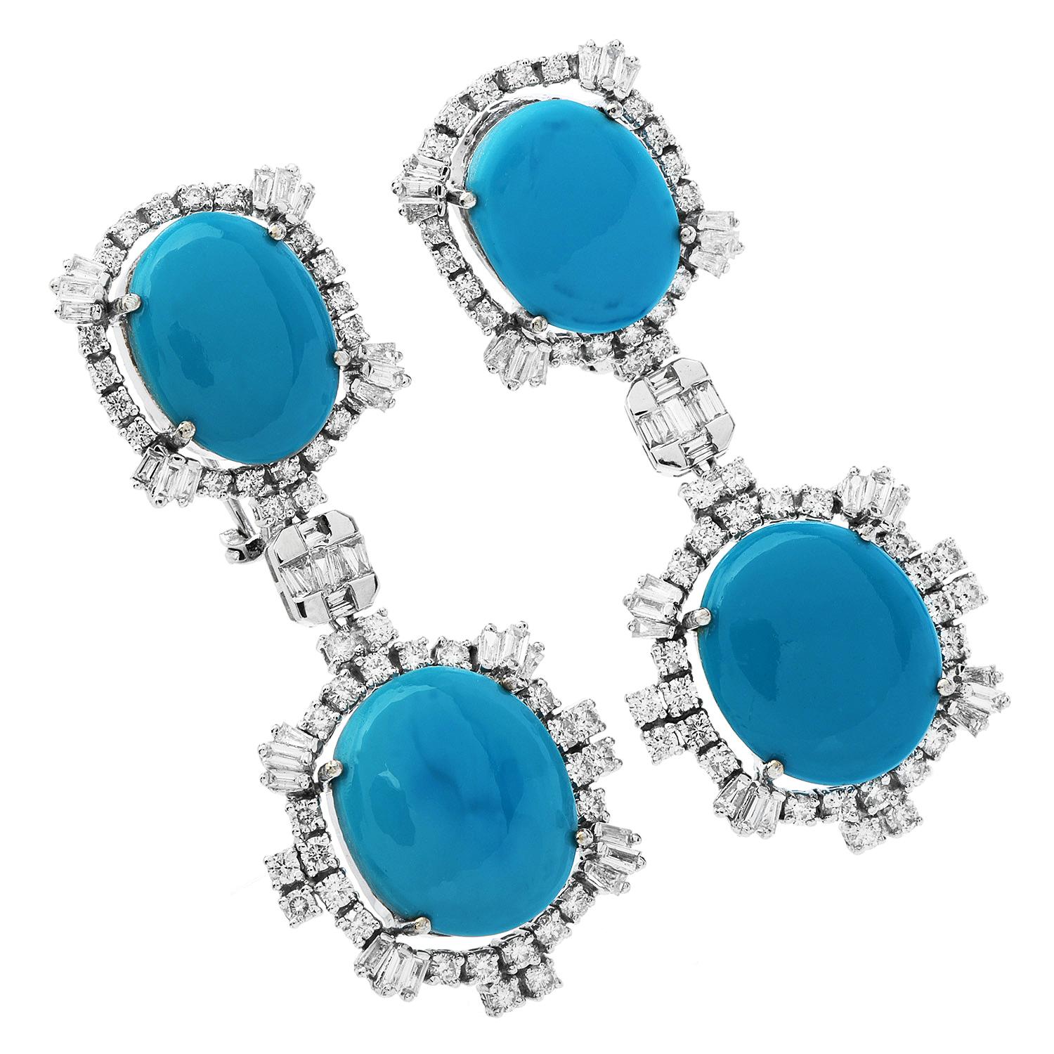 Be the belle of the ball, and show your elegance by complimenting your best Gala Dress with these extraordinary Diamond and Turquoise Earrings. 

These earrings are crafted in 18k white gold.  They are centered by 4 genuine turquoise gemstones, two
