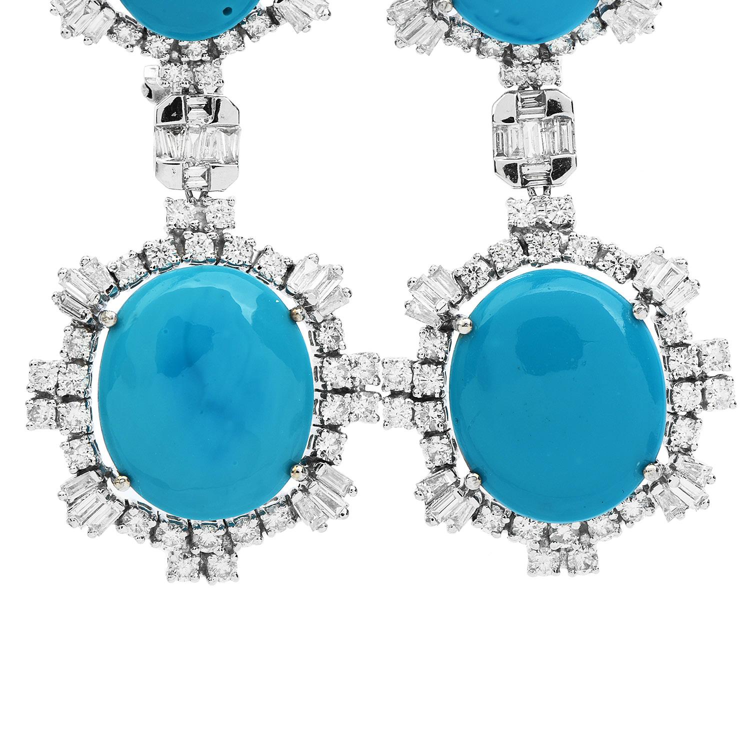 Cabochon Diamond Turquoise 18K White Gold Halo Dangle Drop Large Gala Earrings