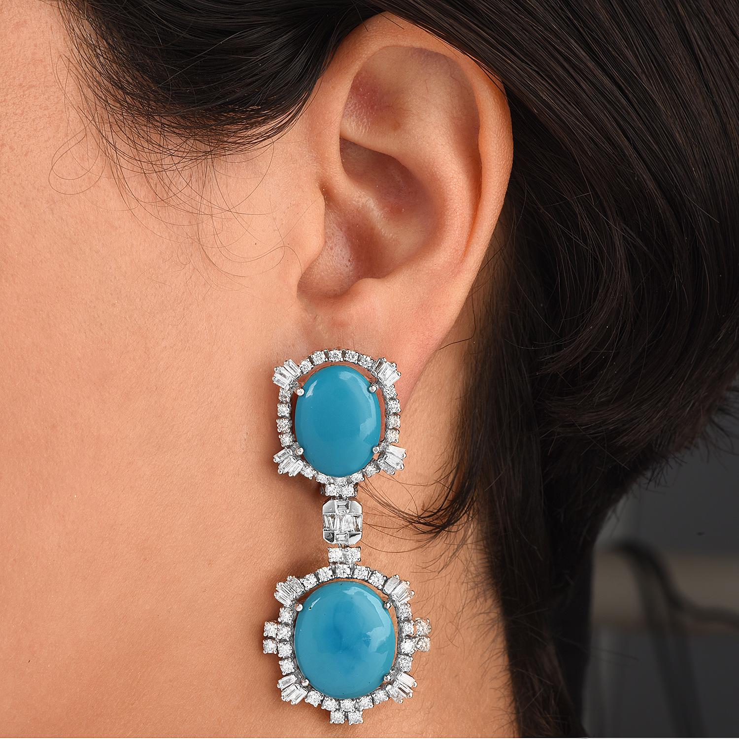 Women's Diamond Turquoise 18K White Gold Halo Dangle Drop Large Gala Earrings