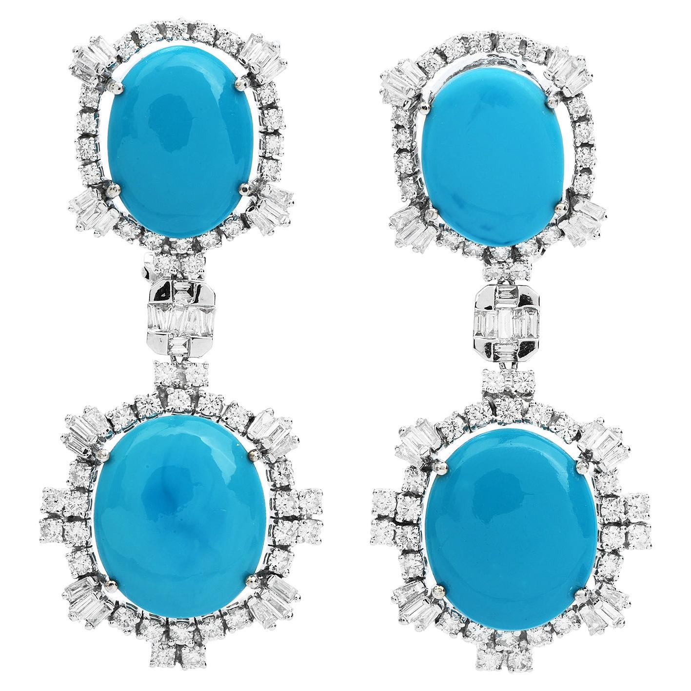 Diamond Turquoise 18K White Gold Halo Dangle Drop Large Gala Earrings