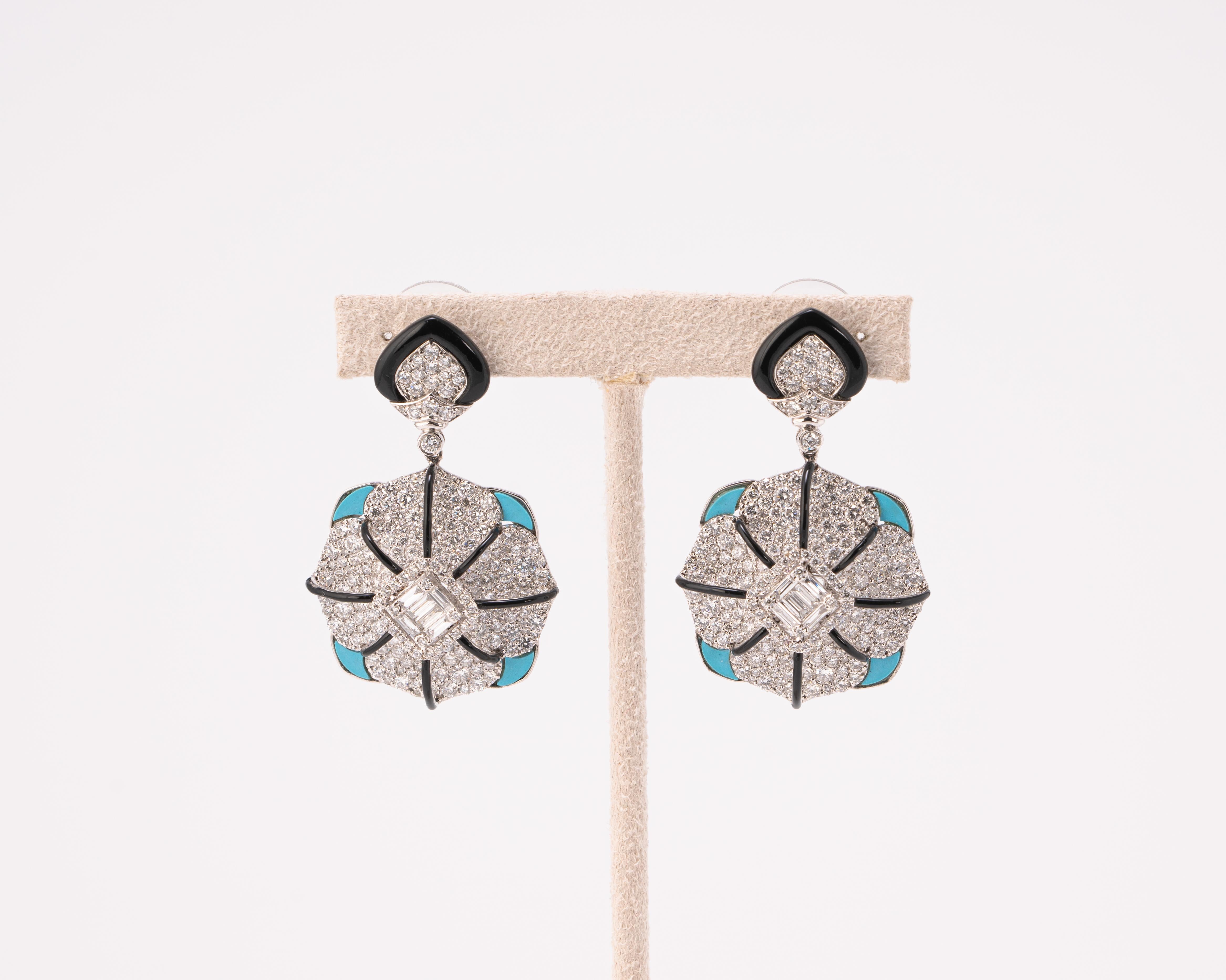 Round Cut Diamond, Turquoise and Black Onyx Diamond Earrings