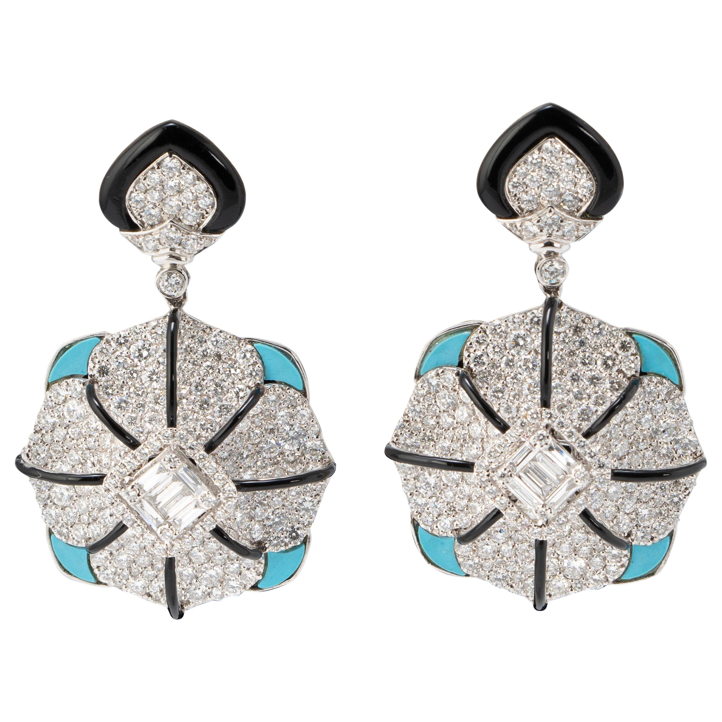 Diamond, Turquoise and Black Onyx Diamond Earrings