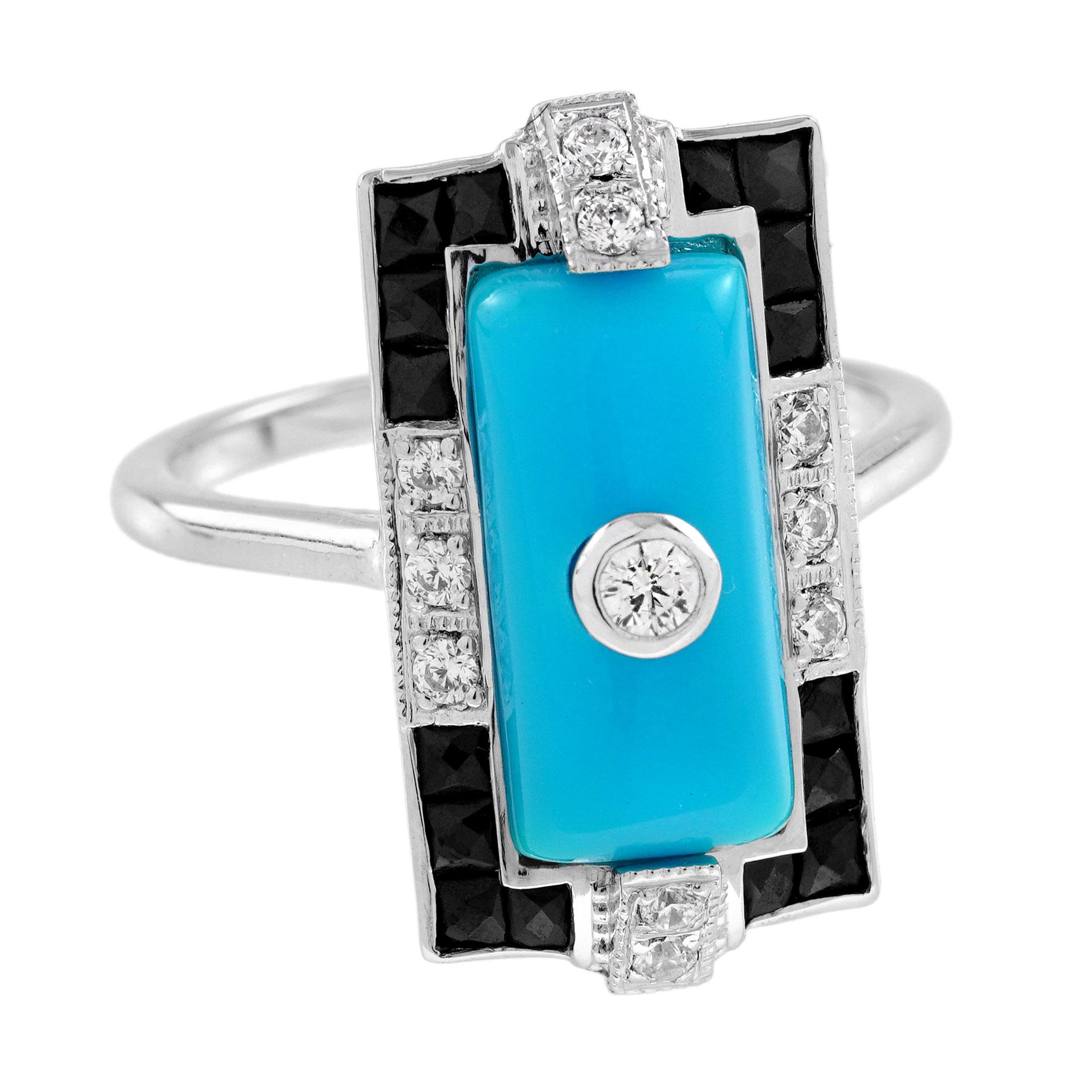A round diamond at the center, placed gracefully on top of a rectangular shaped turquoise stone. The turquoise is framed by sleek onyx, adding a striking contrast, and is further accented with a diamond border, creating a sophisticated and bold