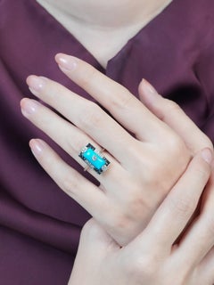 Diamond Turquoise and Onyx Art Deco Style Cocktail Ring in 14K White Gold