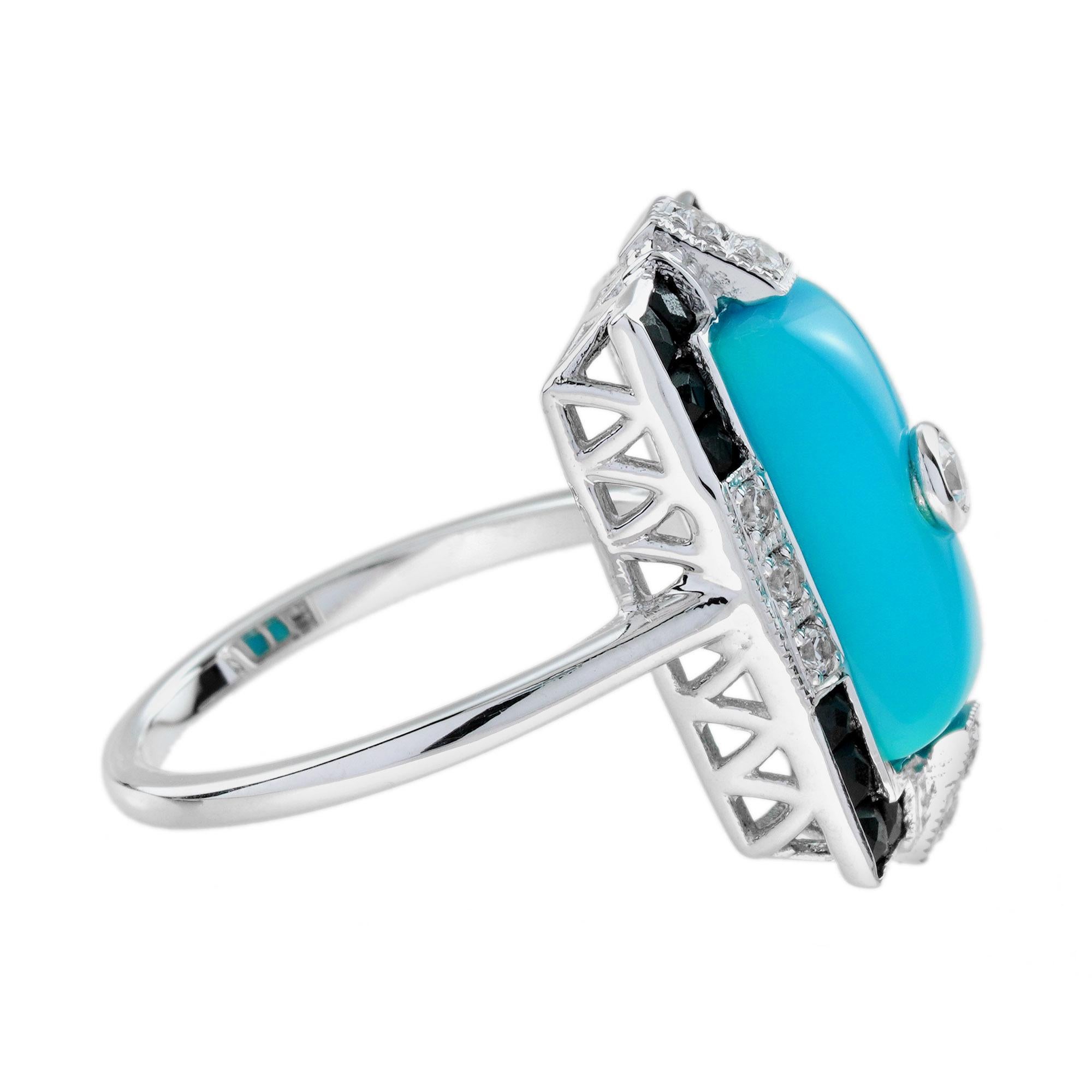 Round Cut Diamond Turquoise and Onyx Art Deco Style Cocktail Ring in 14K White Gold For Sale