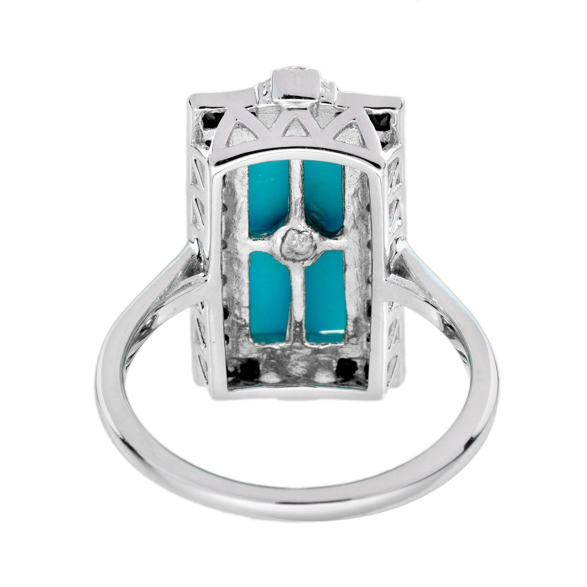 Diamond Turquoise and Onyx Art Deco Style Cocktail Ring in 14K White Gold In New Condition For Sale In Bangkok, TH