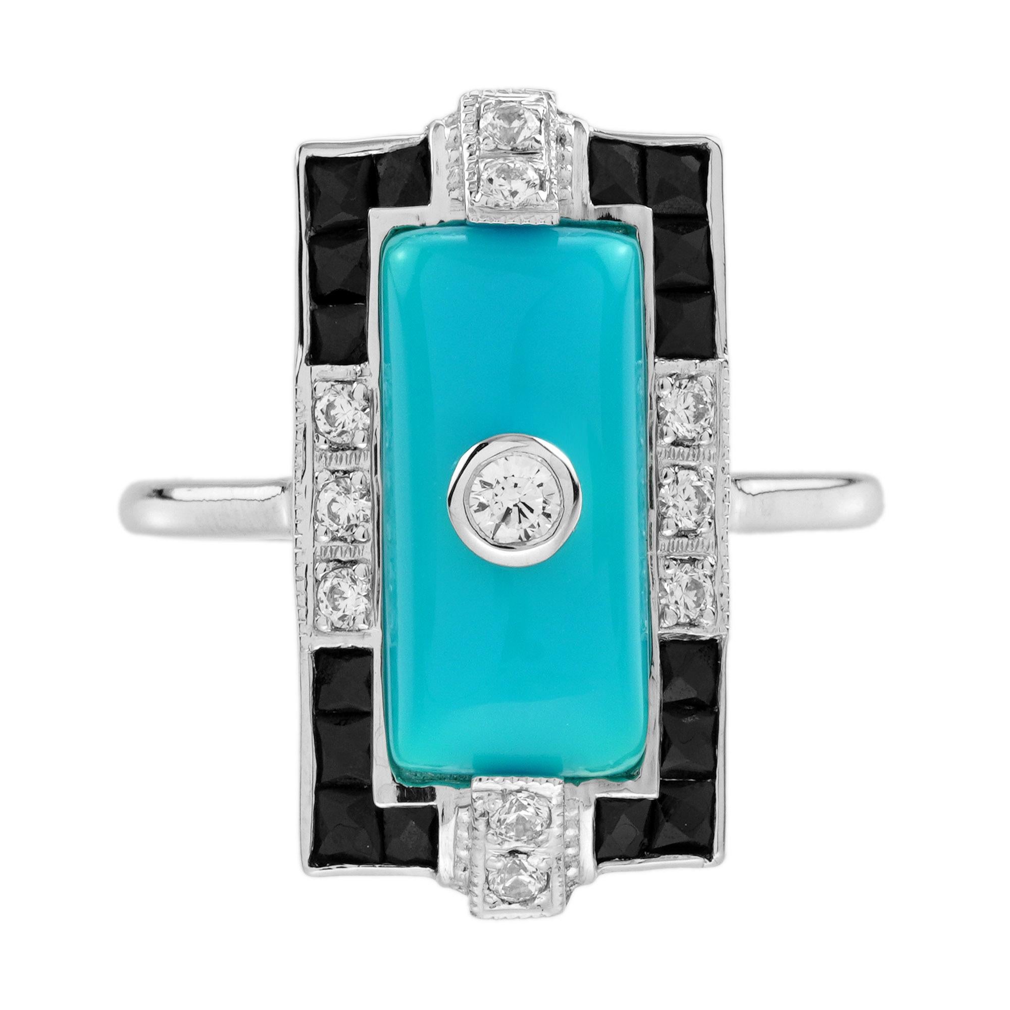 Diamond Turquoise and Onyx Art Deco Style Cocktail Ring in 14K White Gold