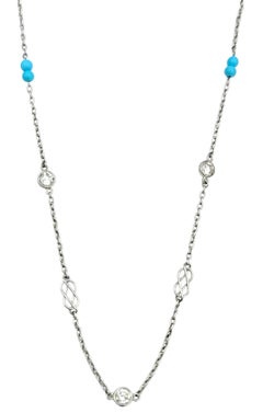 Diamond and Turquoise Bead Double Infinity Station Necklace 14 Karat White Gold