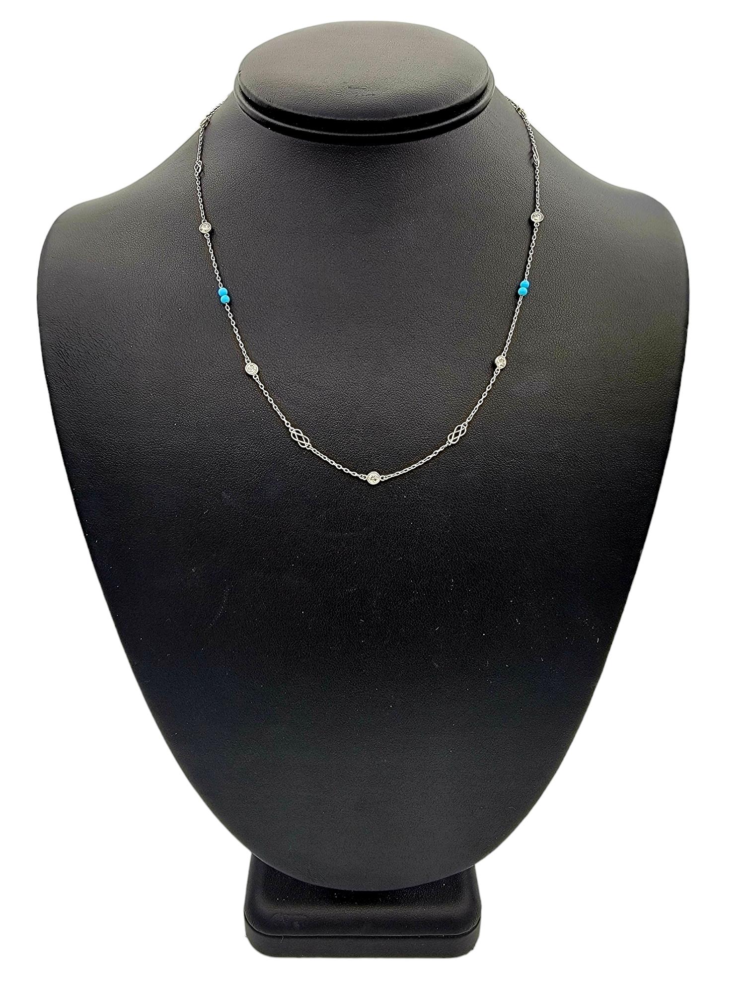 Women's Diamond, Turquoise Bead and Double Infinity 14 Karat White Gold Station Necklace For Sale