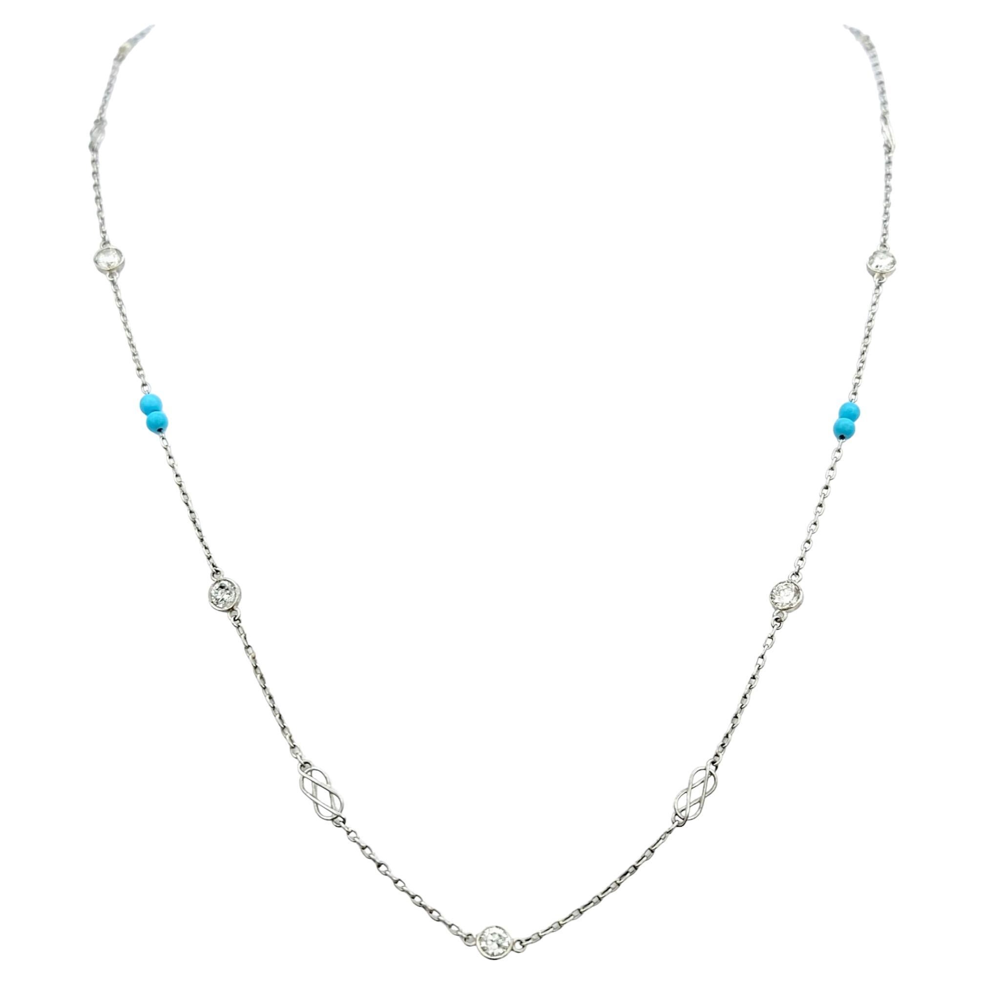 Diamond, Turquoise Bead and Double Infinity 14 Karat White Gold Station Necklace For Sale