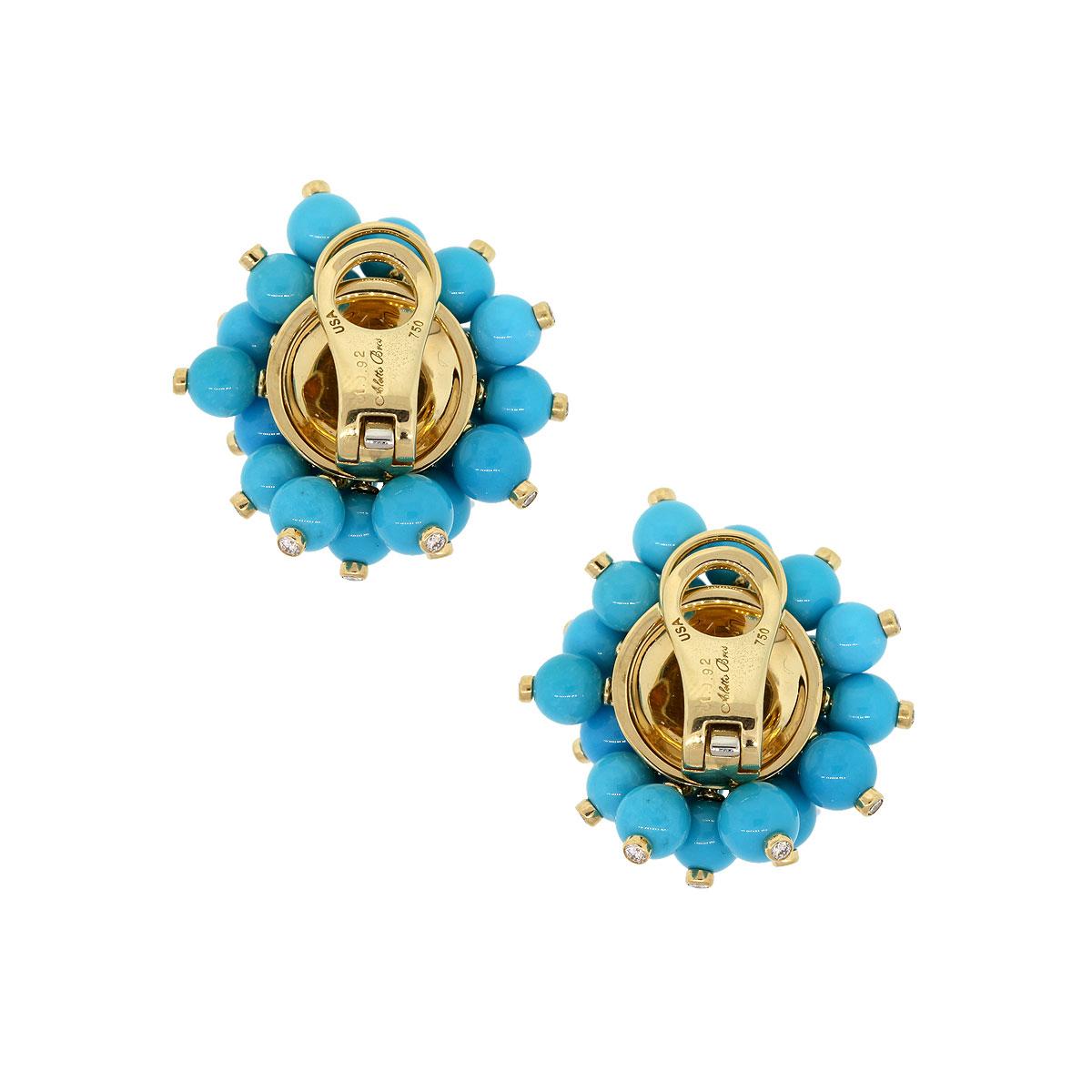 Round Cut Diamond Turquoise Bead Cluster Earrings