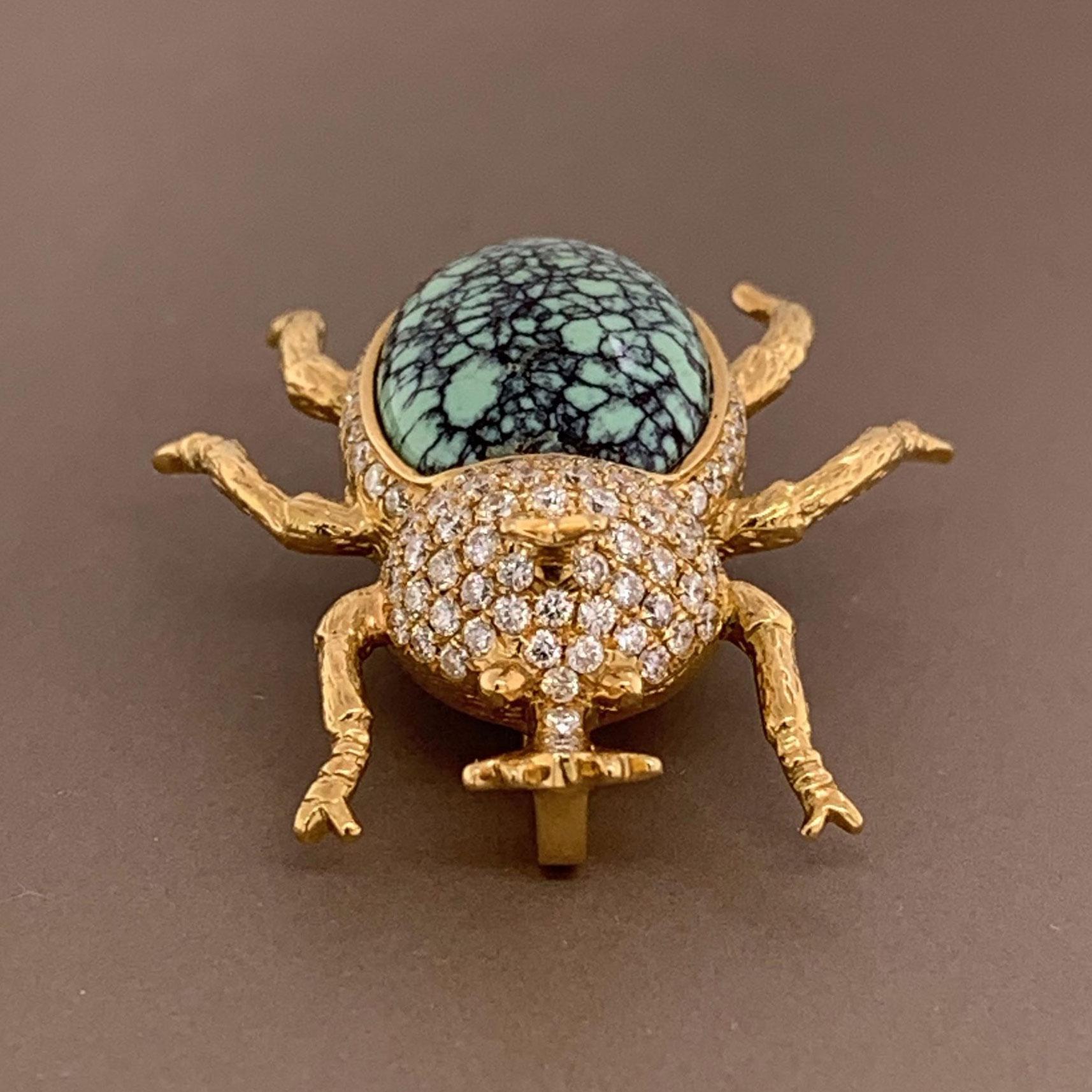 Taille ronde Broche-pendentif coccinelle en diamants et turquoise en vente