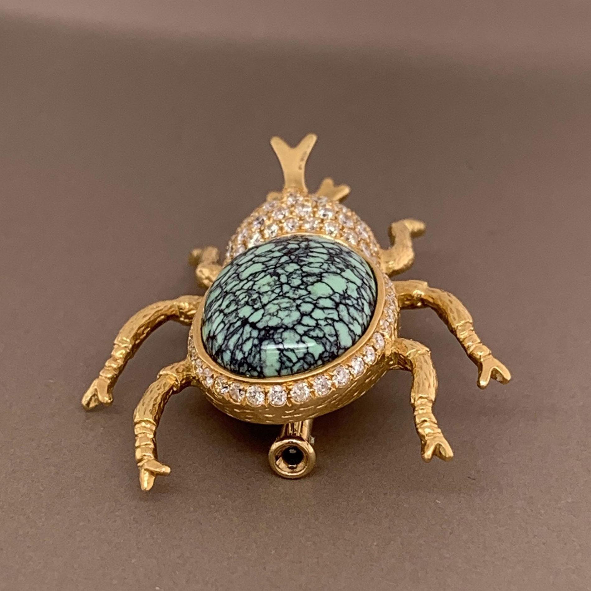 Round Cut Diamond Turquoise Beetle Pendant-Brooch For Sale