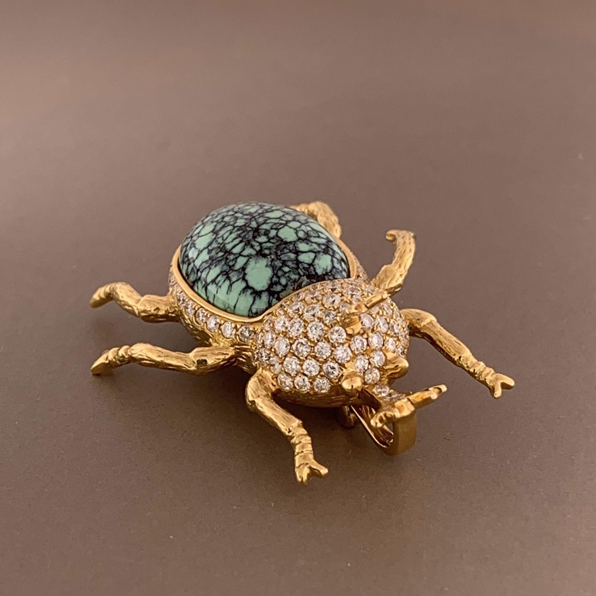 Women's or Men's Diamond Turquoise Beetle Pendant-Brooch For Sale