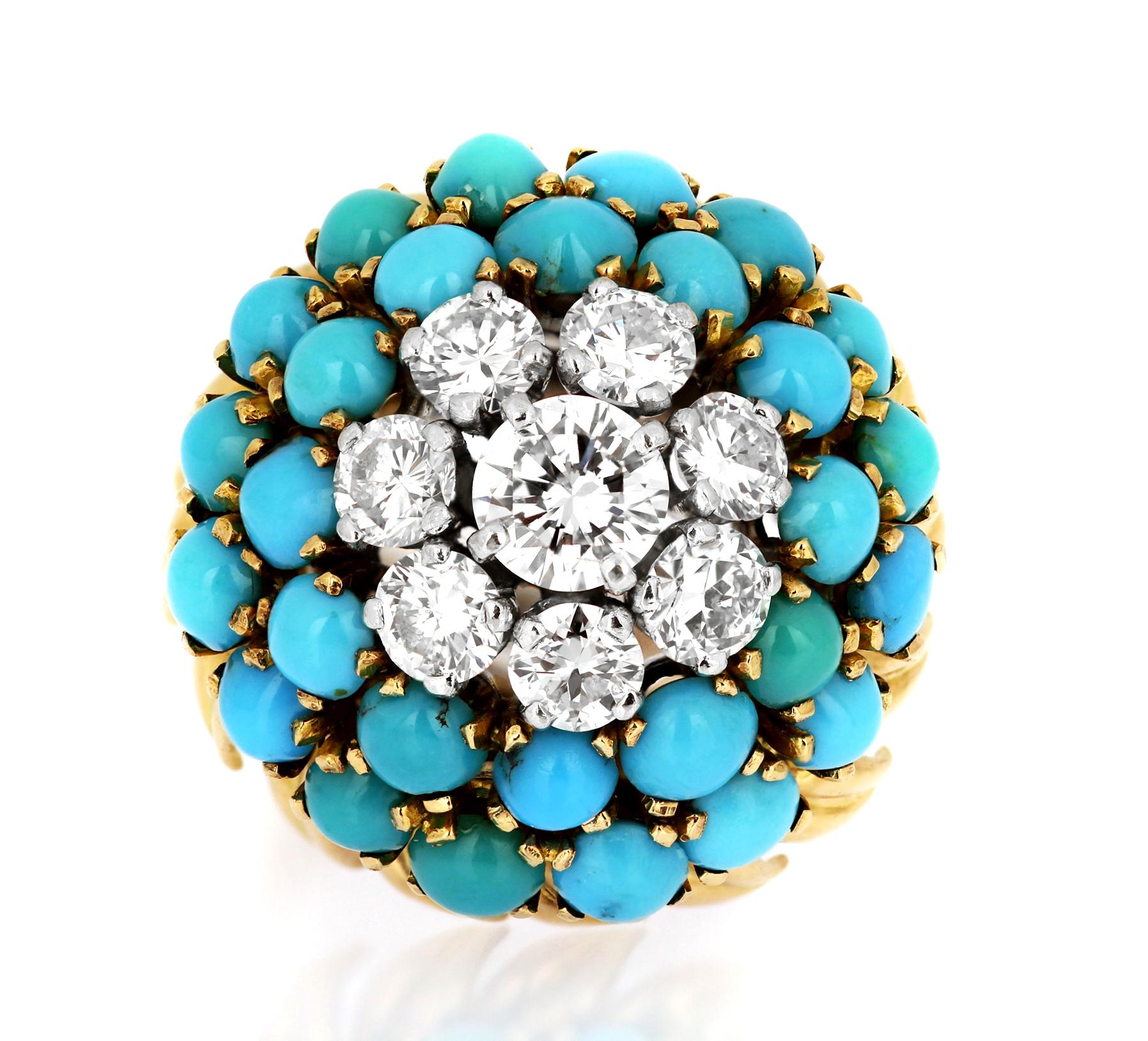Diamond and Turquoise Blue Bombe Cluster/Cocktail ring in Bi-Metal 18 ...