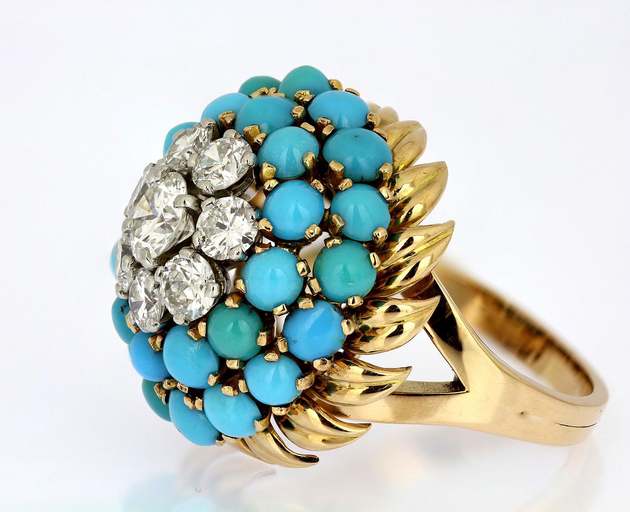 Retro Diamond and Turquoise Blue Bombe Cluster/Cocktail ring in Bi-Metal 18 Carat Gold For Sale