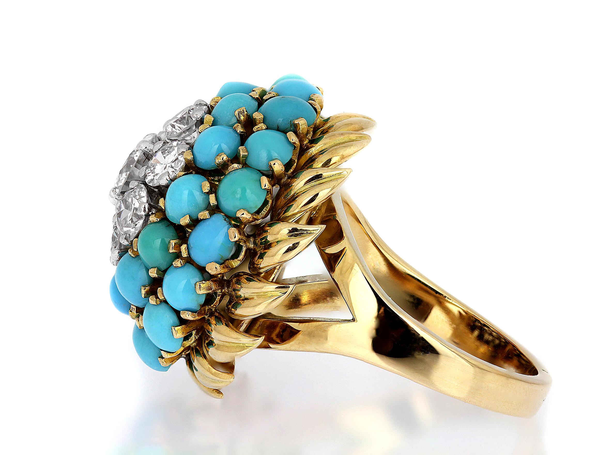 Round Cut Diamond and Turquoise Blue Bombe Cluster/Cocktail ring in Bi-Metal 18 Carat Gold For Sale