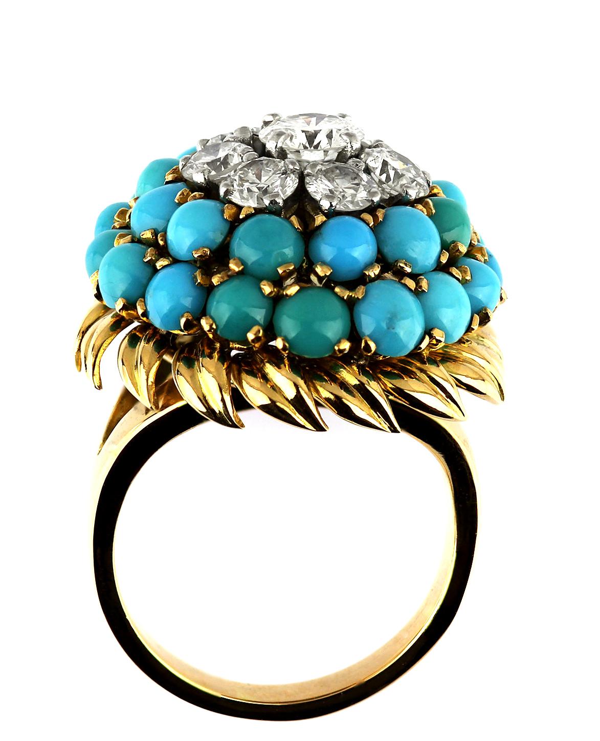 Diamond and Turquoise Blue Bombe Cluster/Cocktail ring in Bi-Metal 18 Carat Gold In Excellent Condition For Sale In London, GB