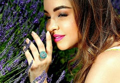 Diamond and Turquoise Blue Bombe Cluster/Cocktail ring in Bi-Metal 18 Carat Gold