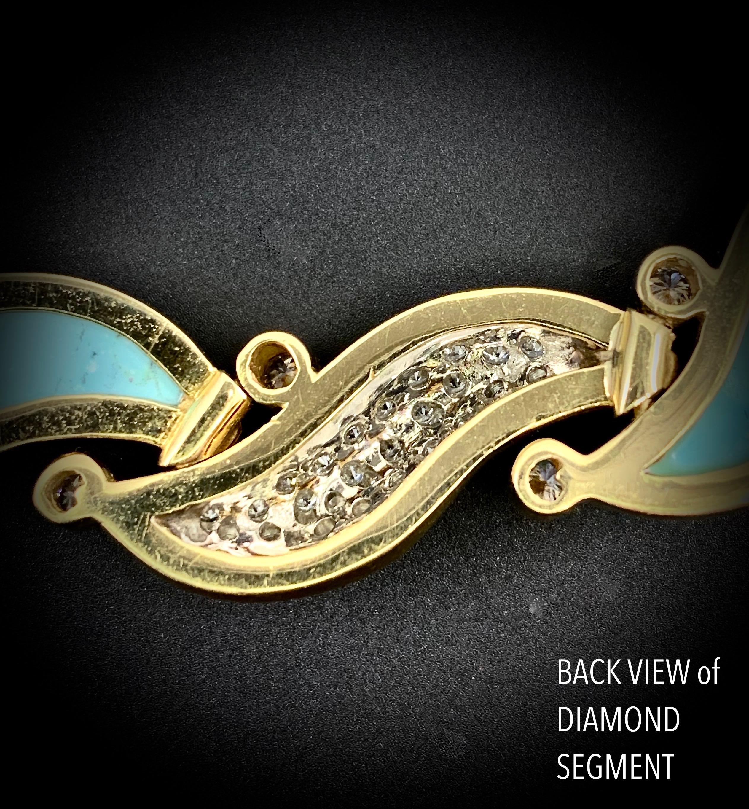 Diamond and Turquoise Brushed 18 Karat Yellow Gold Wavy Link Choker Necklace 4