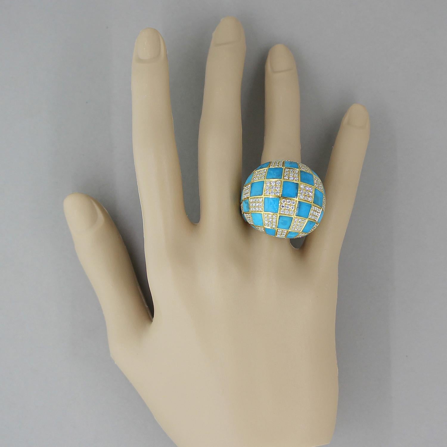 Diamond Turquoise Checkered Dome Ring For Sale 3