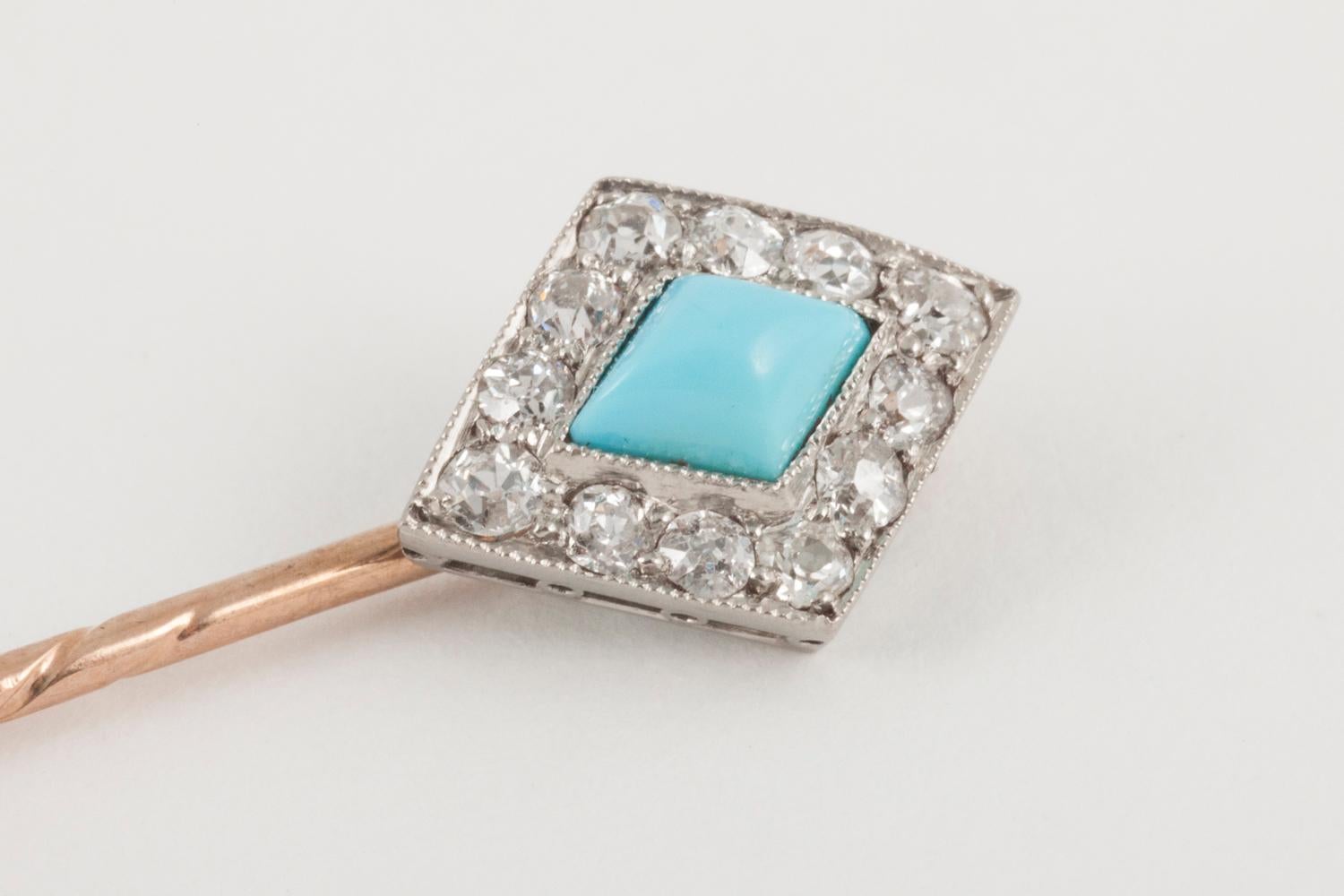 Late Victorian Diamond & Turquoise Tie or Lapel Pin in Platinum and Gold, English circa 1890 For Sale