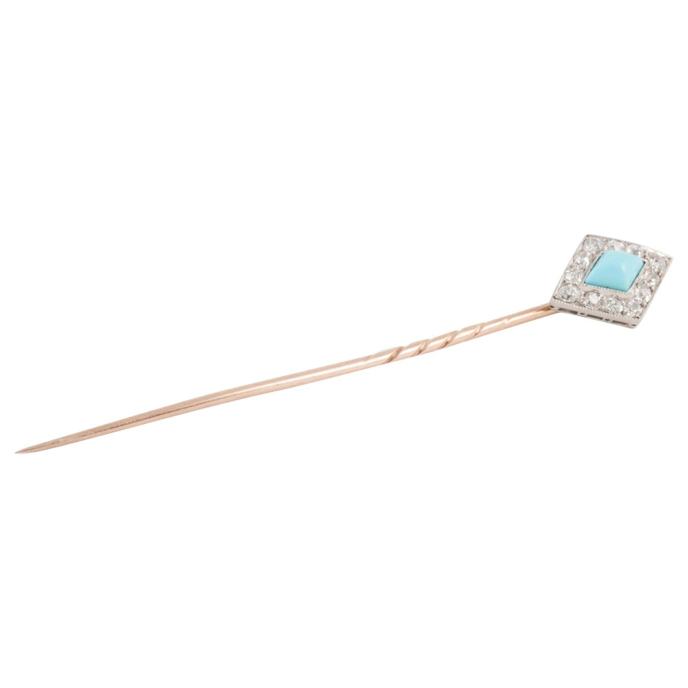 Diamond & Turquoise Tie or Lapel Pin in Platinum and Gold, English circa 1890 For Sale
