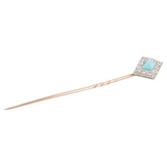 Diamond & Turquoise Tie or Lapel Pin in Platinum and Gold, English circa 1890